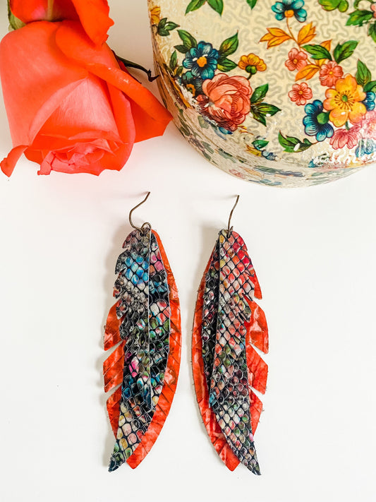 Leather Funky Feather Earrings, Vibrant Snake Print, Coral Wildwood Leather, Coastal Cowgirl Festival Jewelry, Boho Chic Western Earrings