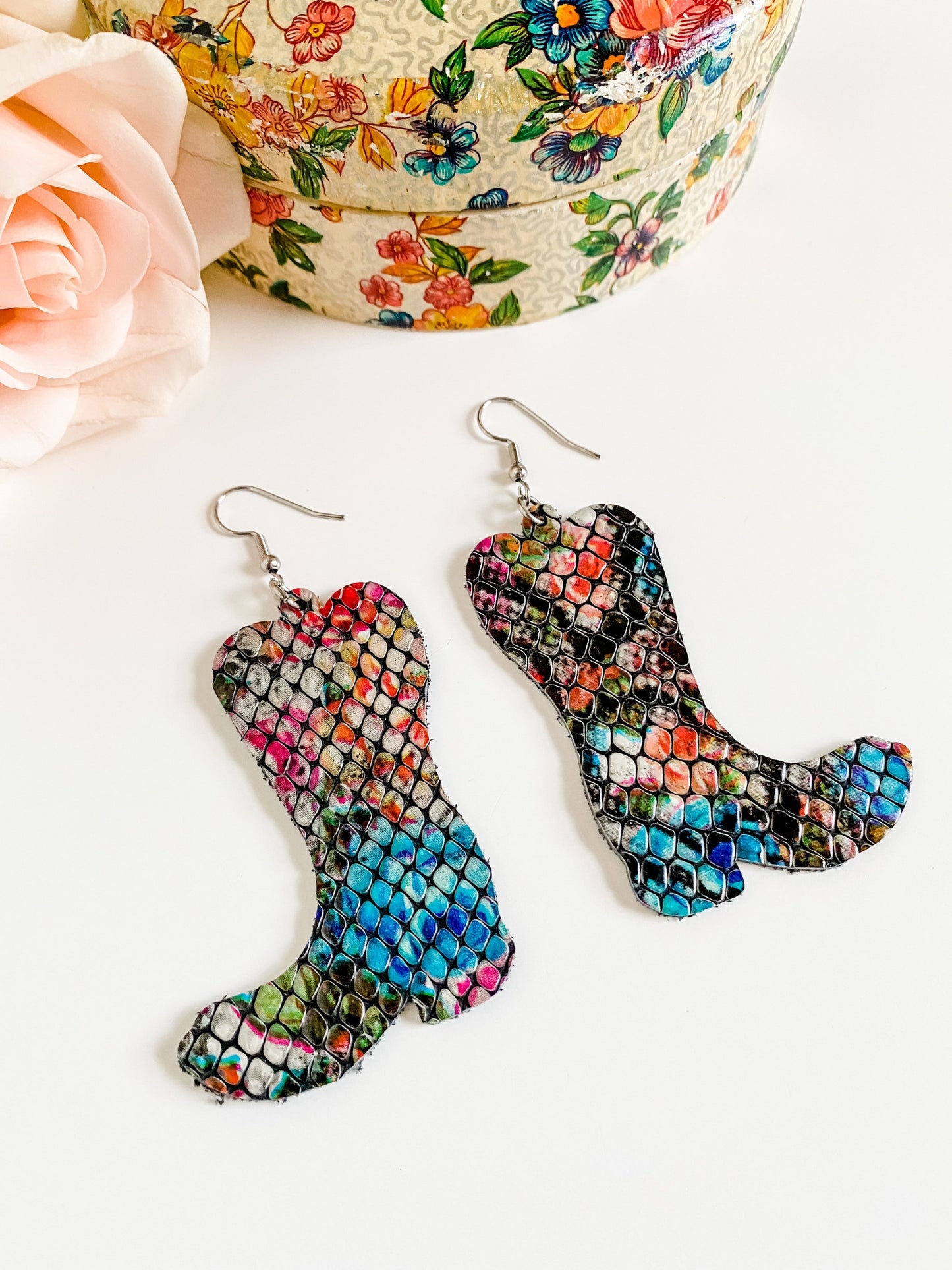 Cowgirl Boot Earrings, Snakeskin Boot Earrings, Multicolored Snake Embossed Leather, Boho Western Earrings, Medium Length Earrings