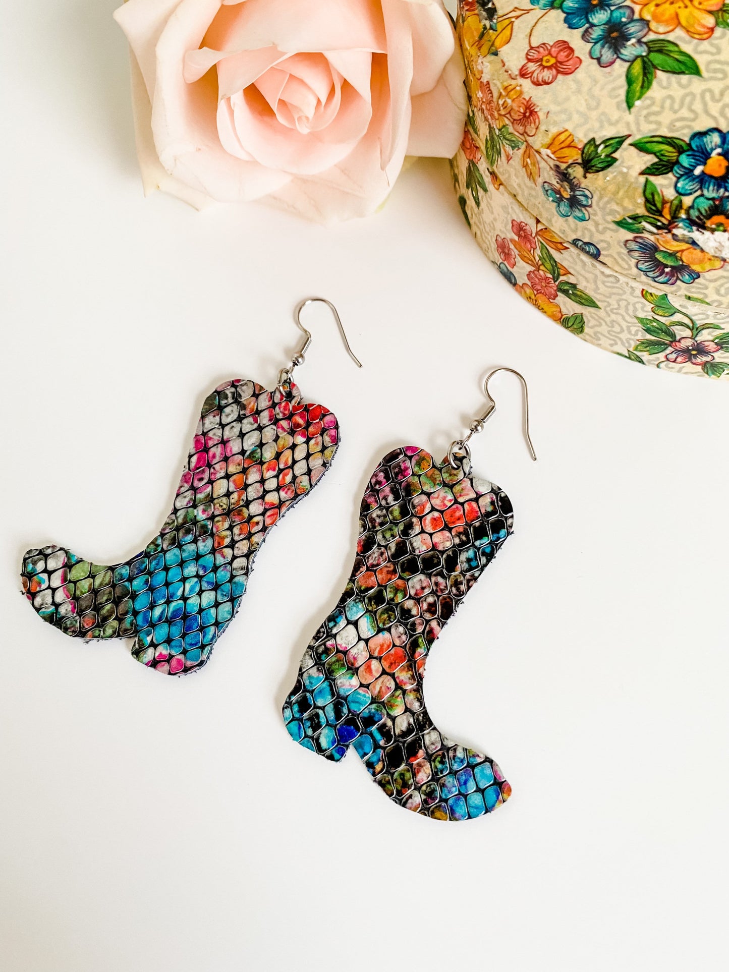 Cowgirl Boot Earrings, Snakeskin Boot Earrings, Multicolored Snake Embossed Leather, Boho Western Earrings, Medium Length Earrings