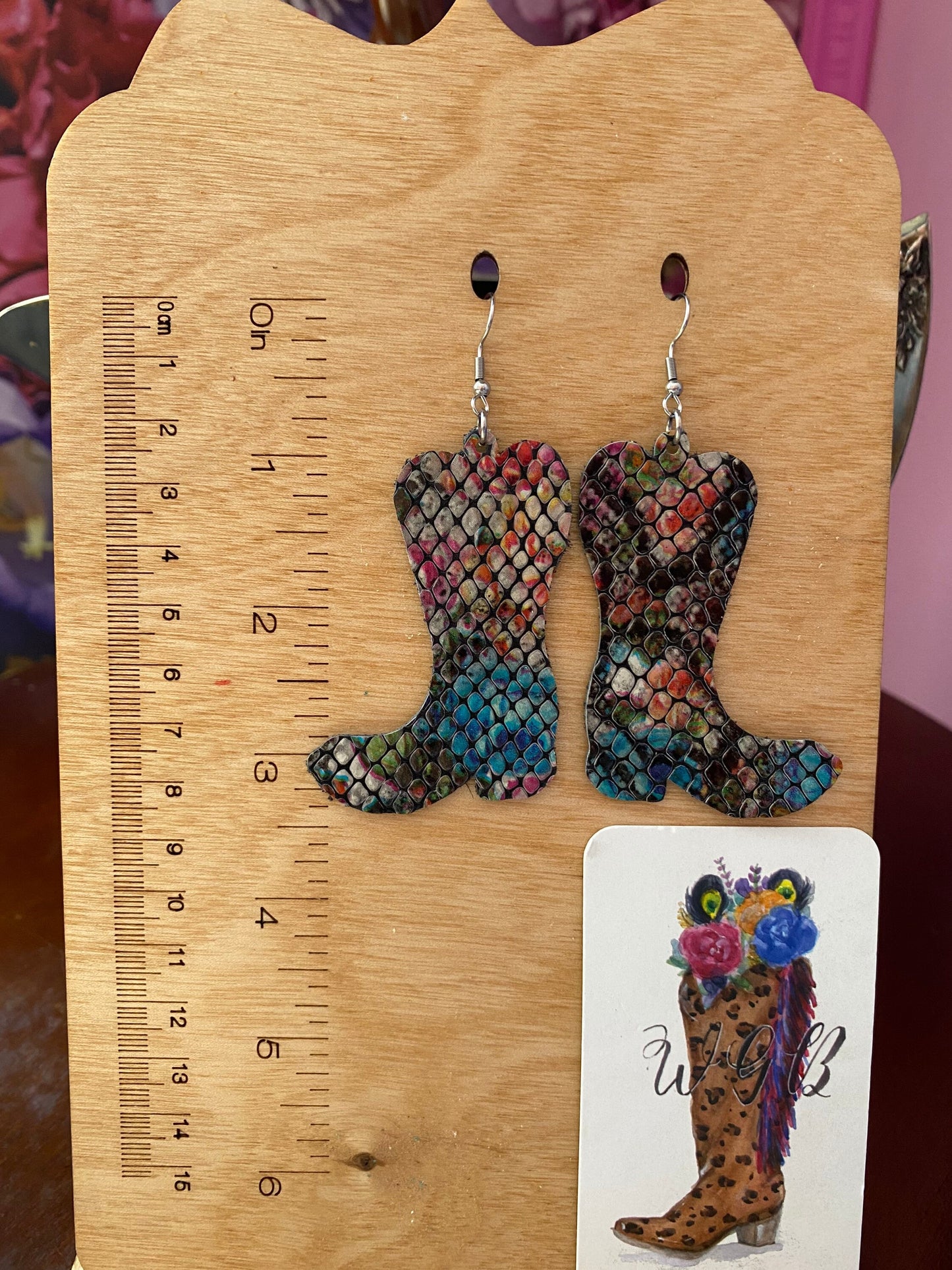 Cowgirl Boot Earrings, Snakeskin Boot Earrings, Multicolored Snake Embossed Leather, Boho Western Earrings, Medium Length Earrings