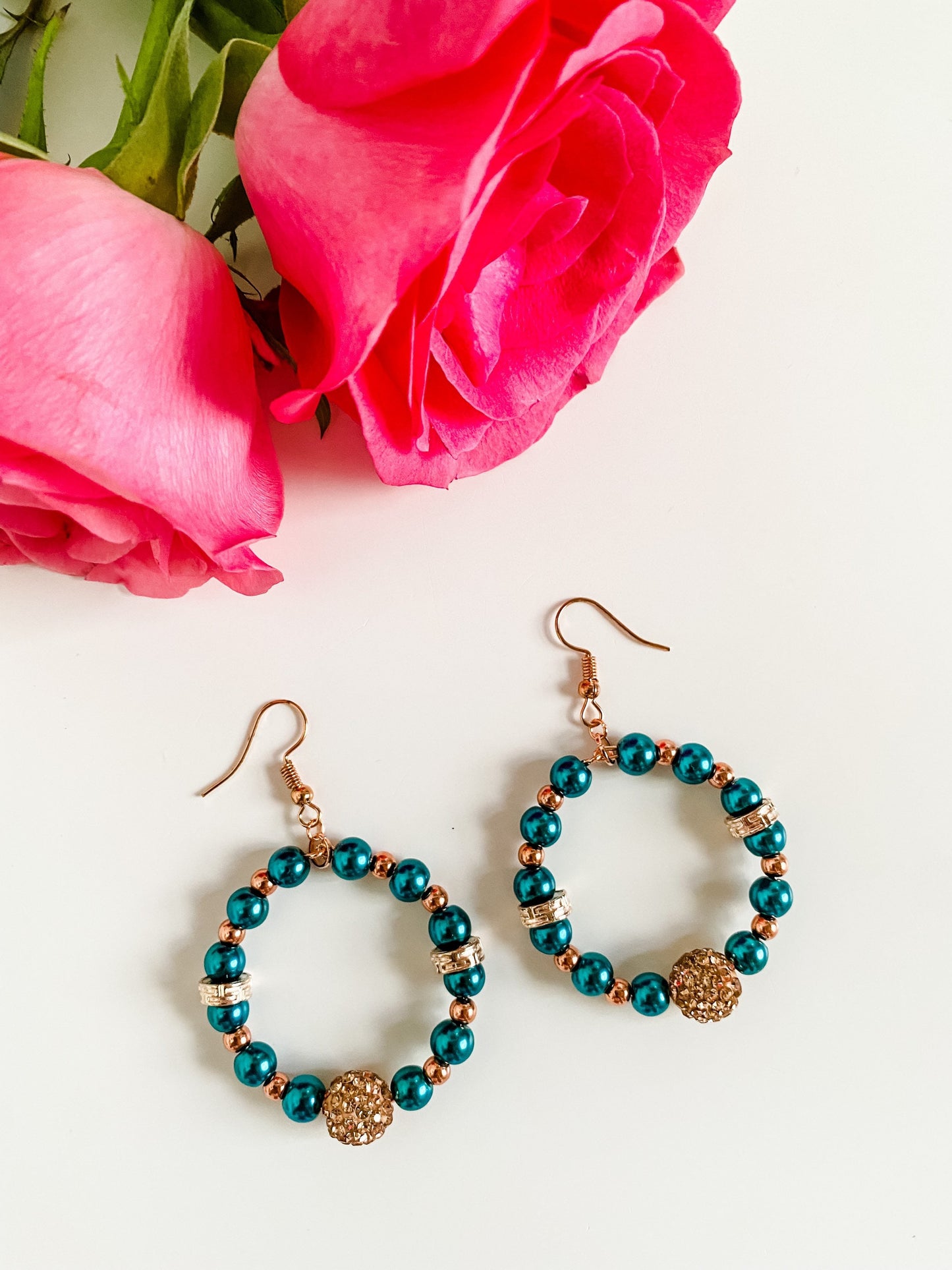 Pearl Hoop Dangle Earrings, Teal and Rose Gold Bead Hoop Earrings, Southern Earrings, Boho Chic Wedding Earrings, Unique Pearl Earrings