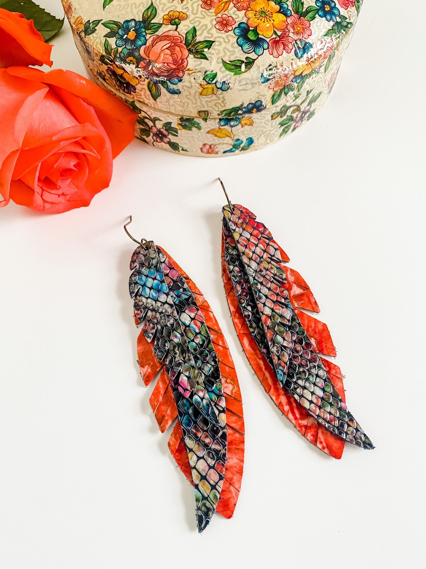 Leather Funky Feather Earrings, Vibrant Snake Print, Coral Wildwood Leather, Coastal Cowgirl Festival Jewelry, Boho Chic Western Earrings