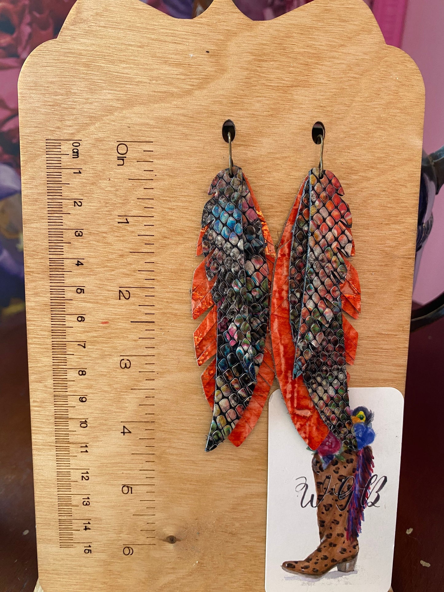 Leather Funky Feather Earrings, Vibrant Snake Print, Coral Wildwood Leather, Coastal Cowgirl Festival Jewelry, Boho Chic Western Earrings