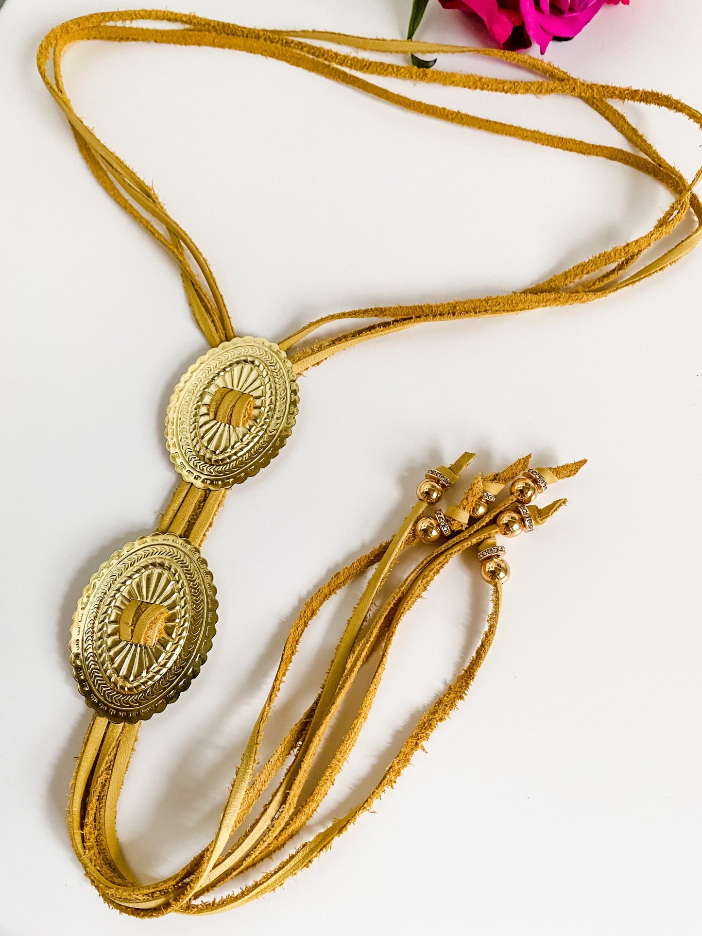 Modern Bolo Concho Necklace with Beaded Tips, Gold Deerskin Leather, Two Gold Conchos, Long Fringe Necklace, Western Statement Necklace