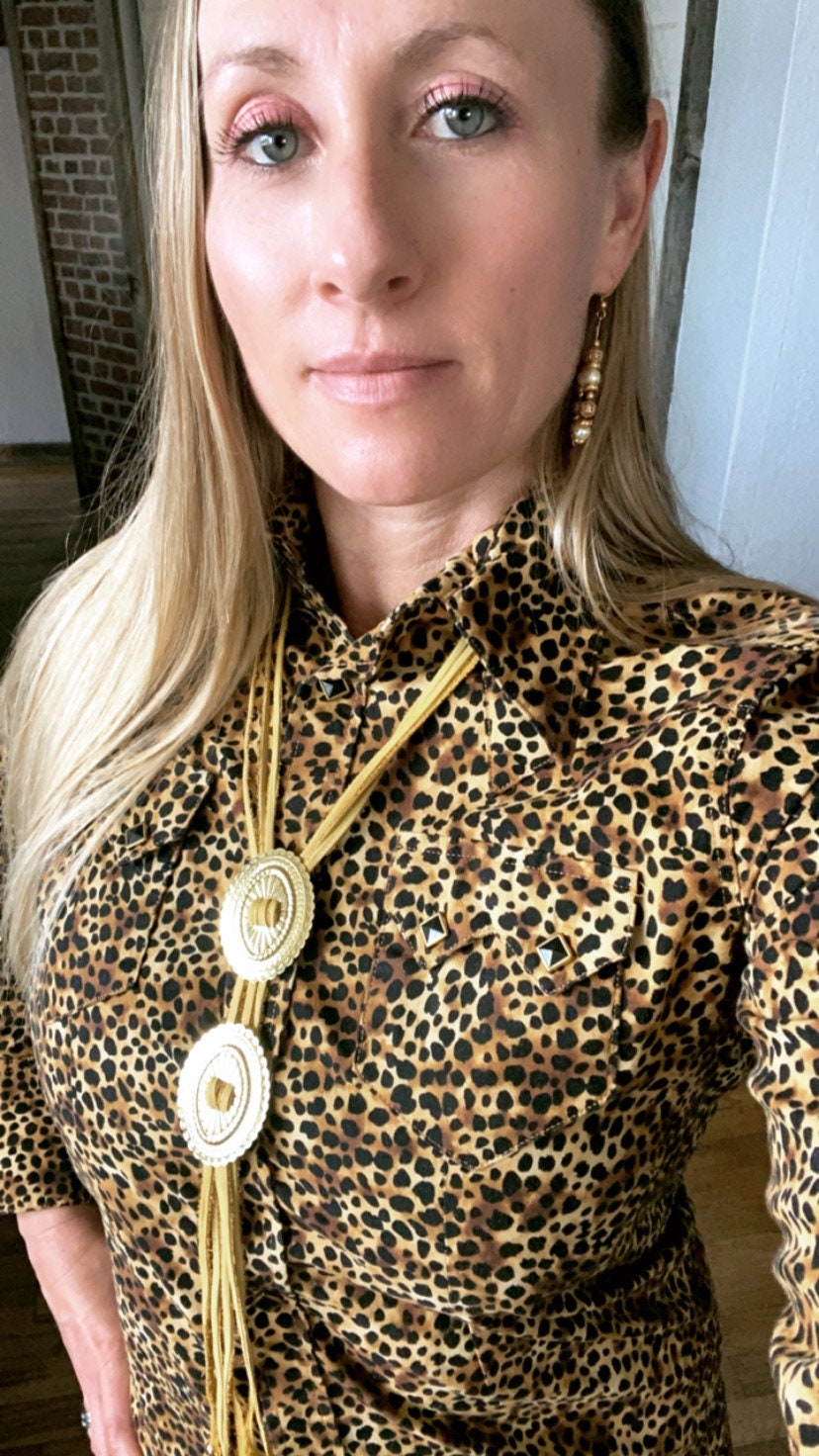 Modern Bolo Concho Necklace with Beaded Tips, Gold Deerskin Leather, Two Gold Conchos, Long Fringe Necklace, Western Statement Necklace