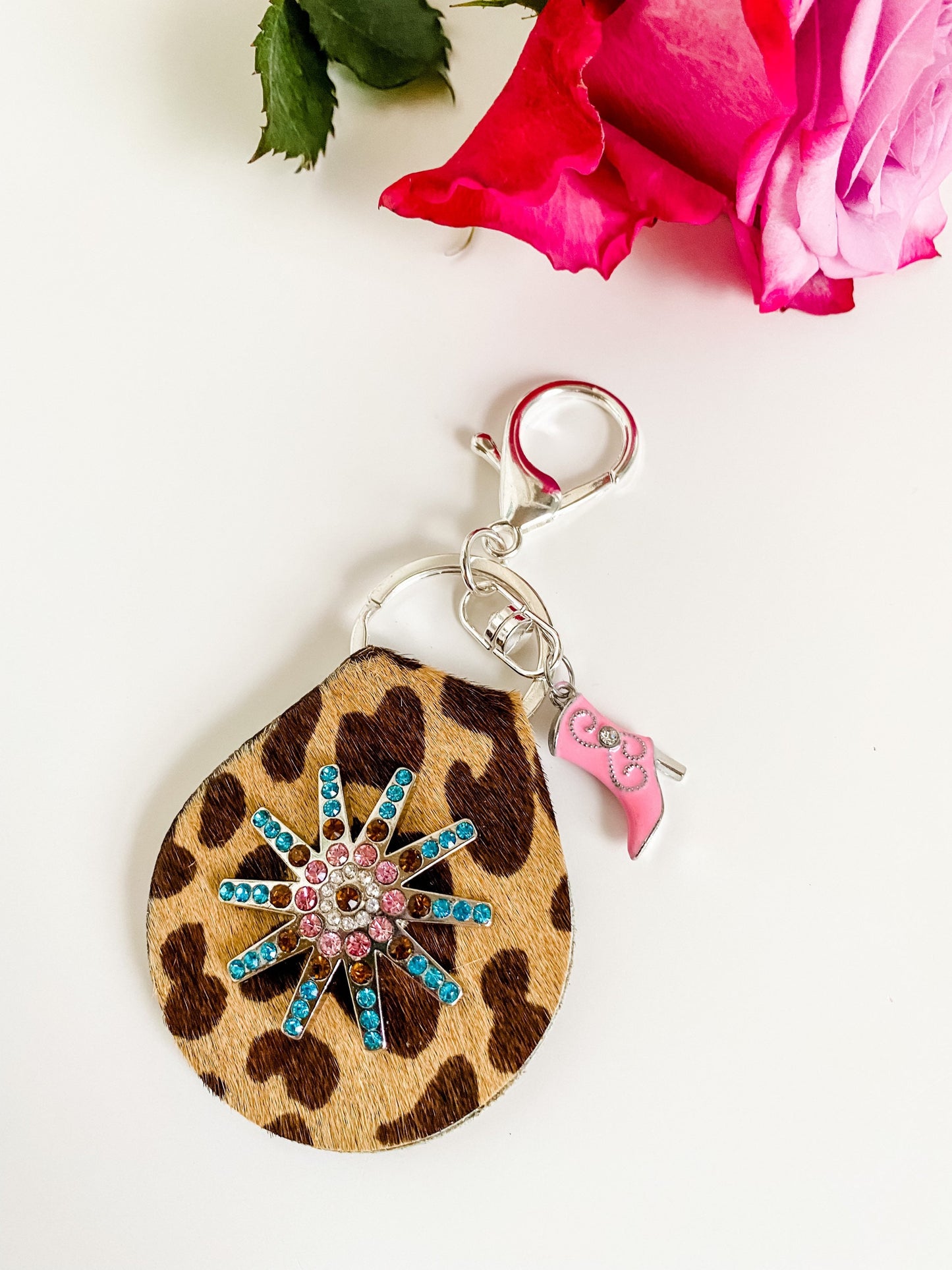 Western Concho Keychain, Cheetah Leather Key Fob, Bling Cowgirl Boot Charm, Saddle Charm, Western Coastal Cowgirl Accessory, Cowgirl Gift