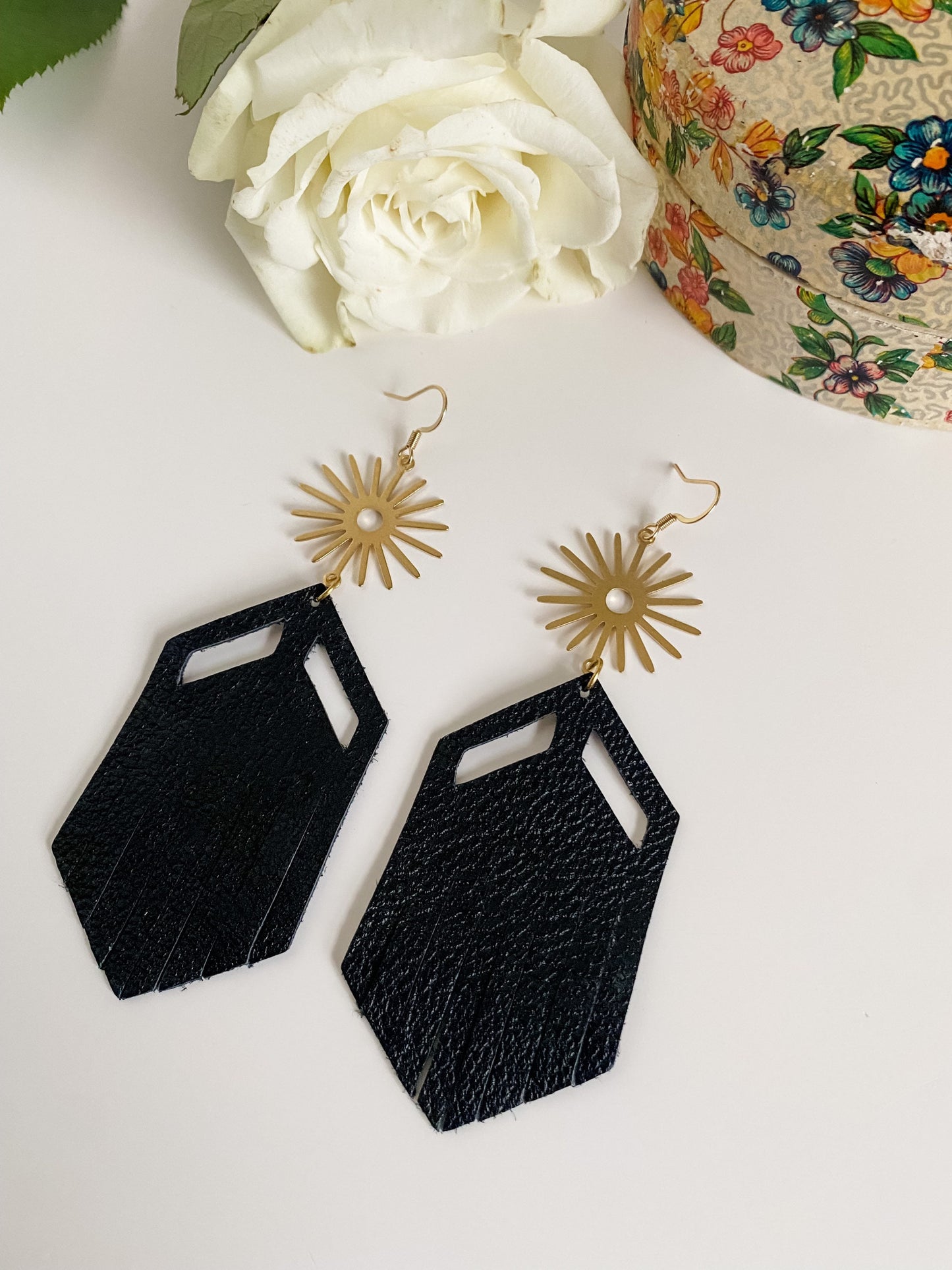 Black Leather Fringe Earrings with Gold Suns, Boho Chic Earrings, Coastal Cowgirl Western Earrings, Southwestern Sun Earrings