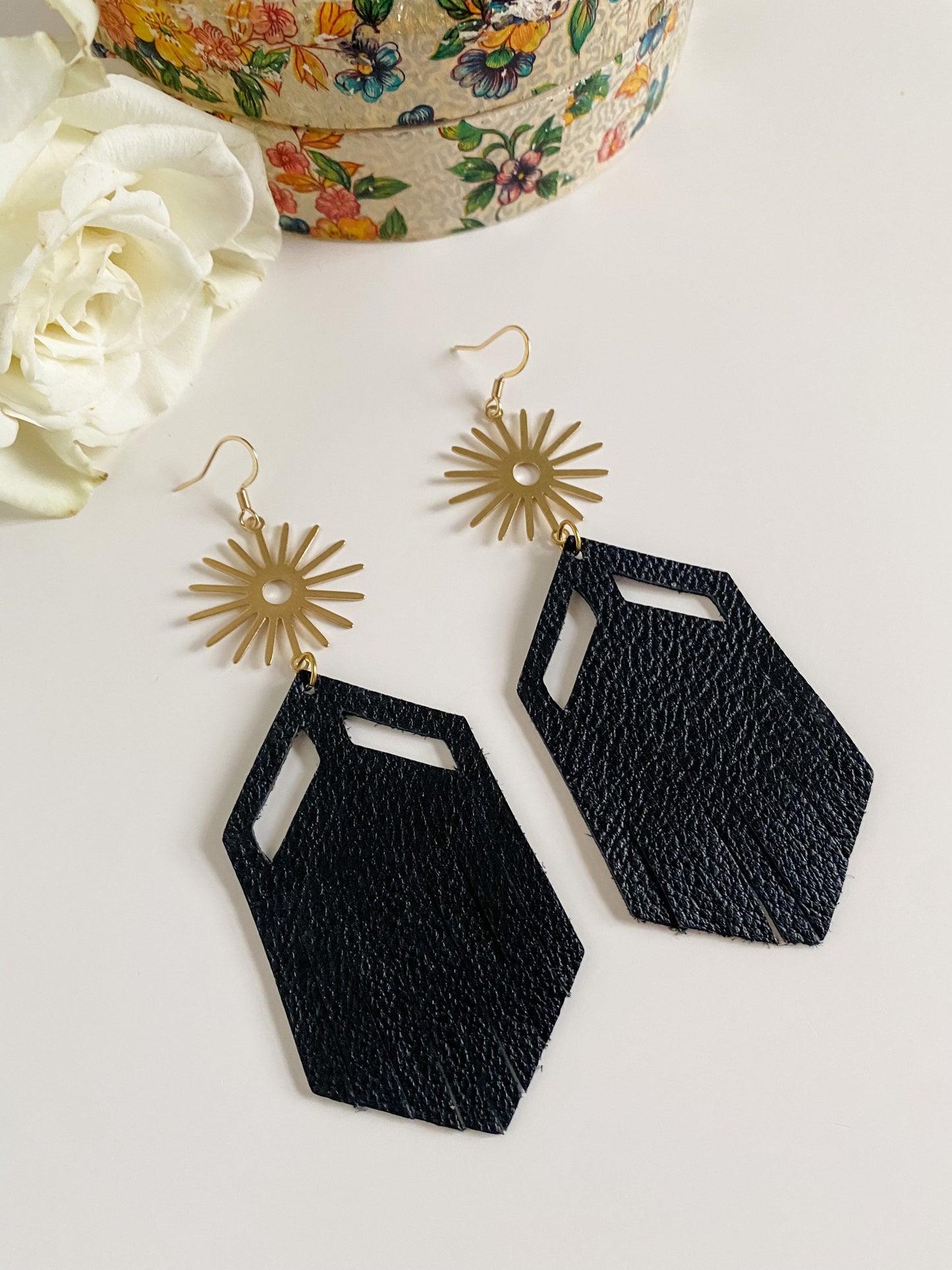 Black Leather Fringe Earrings with Gold Suns, Boho Chic Earrings, Coastal Cowgirl Western Earrings, Southwestern Sun Earrings