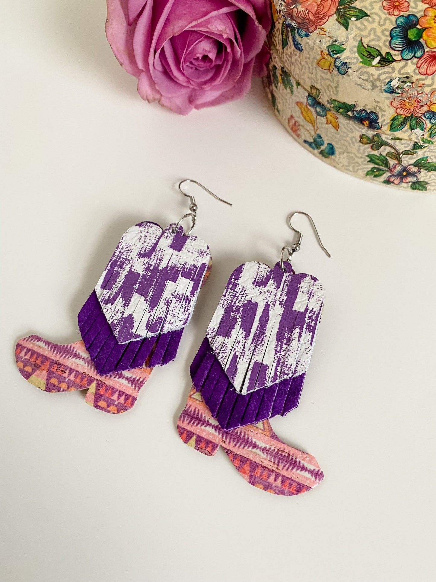 Cowgirl Boot Fringe Earrings, Western Statement Earrings, Coastal Cowgirl Earrings, Purple Brushstroke Leather, Southwestern Aztec Print