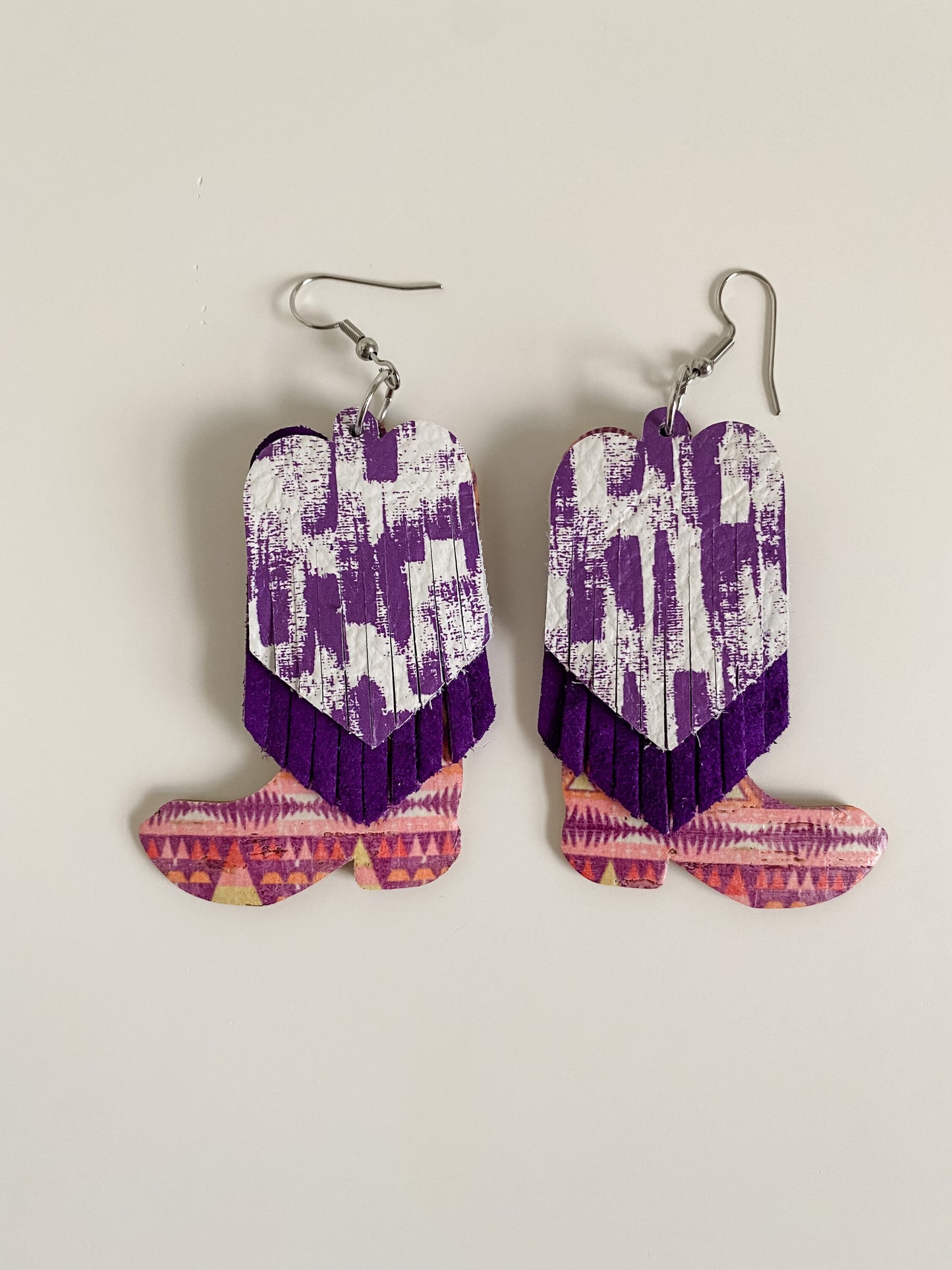 Cowgirl Boot Fringe Earrings, Western Statement Earrings, Coastal Cowgirl Earrings, Purple Brushstroke Leather, Southwestern Aztec Print