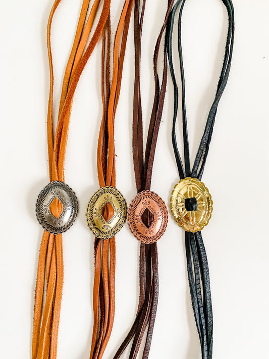 Modern Bolo Concho Necklace, Elk Leather Bolo Necklace, Western Statement Necklace, Punchy Jewelry, choose concho and leather color