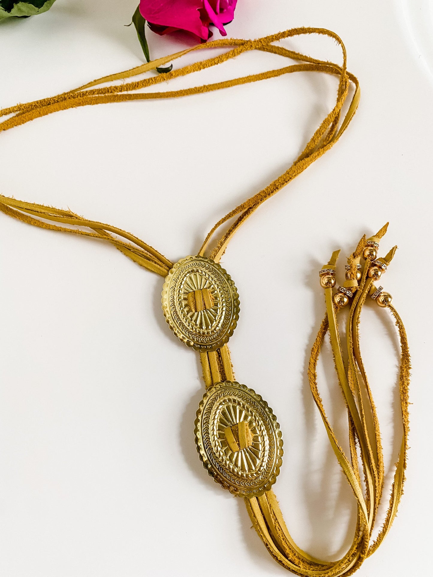 Modern Bolo Concho Necklace with Beaded Tips, Gold Deerskin Leather, Two Gold Conchos, Long Fringe Necklace, Western Statement Necklace