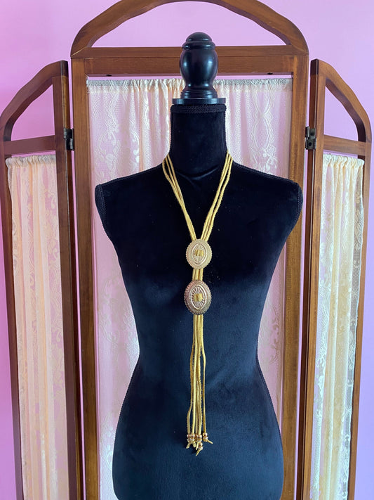 Modern Bolo Concho Necklace with Beaded Tips, Gold Deerskin Leather, Two Gold Conchos, Long Fringe Necklace, Western Statement Necklace