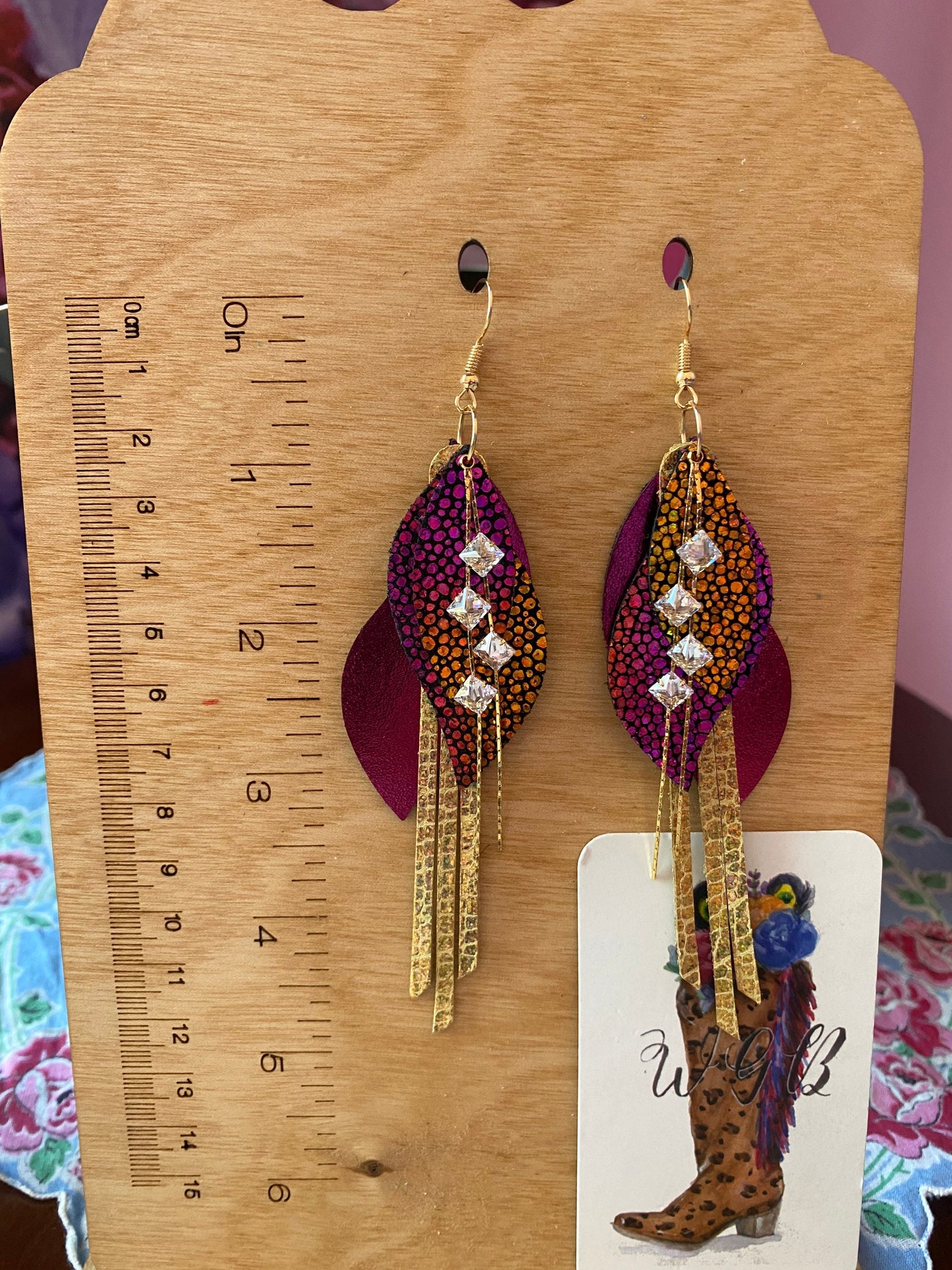 Pink and Gold Leather Earrings with Rhinestone Chain Tassels, Maximalist Earrings, Bold Earrings, Layered Petal Earrings, Fringe Earrings