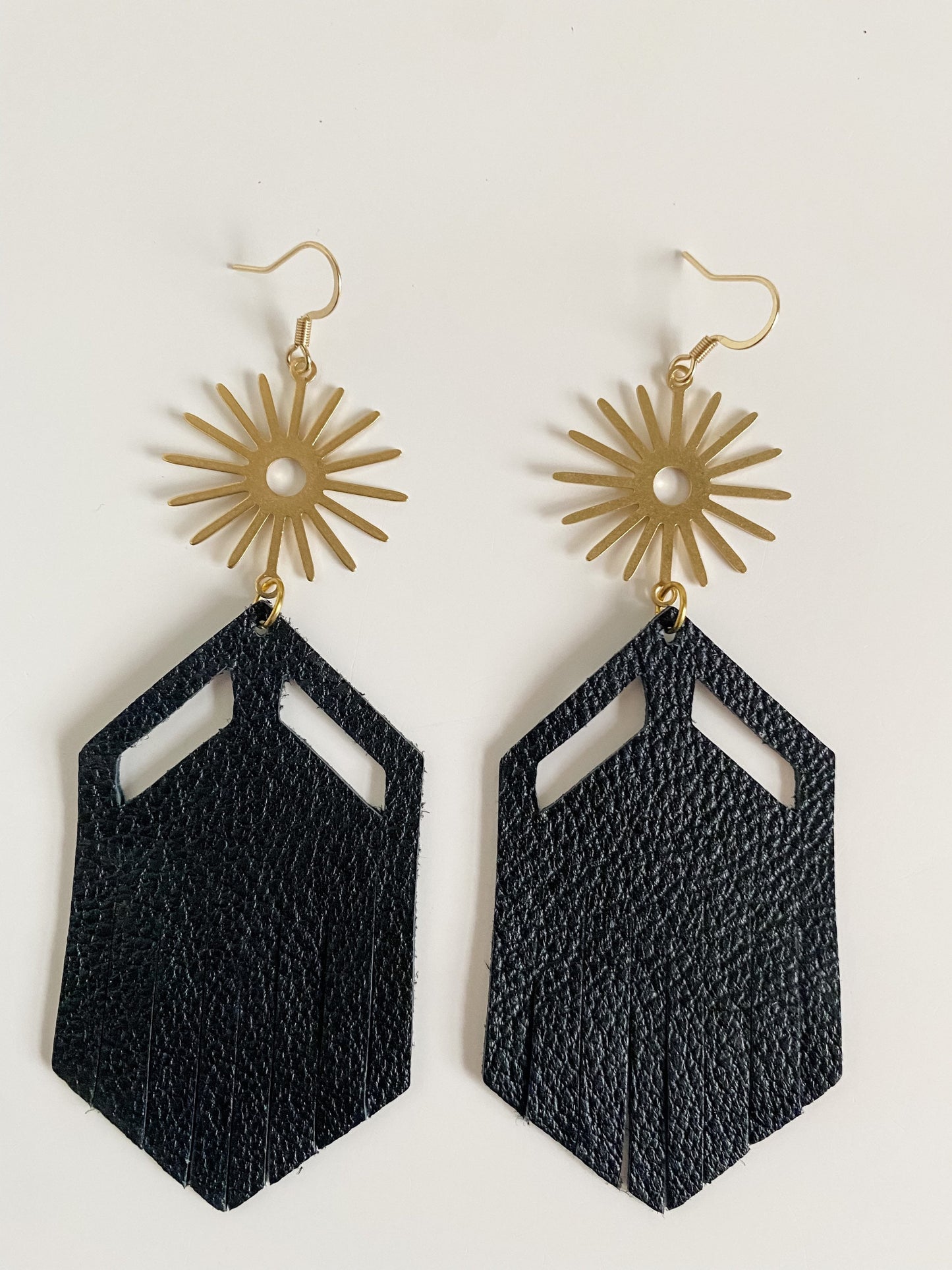 Black Leather Fringe Earrings with Gold Suns, Boho Chic Earrings, Coastal Cowgirl Western Earrings, Southwestern Sun Earrings