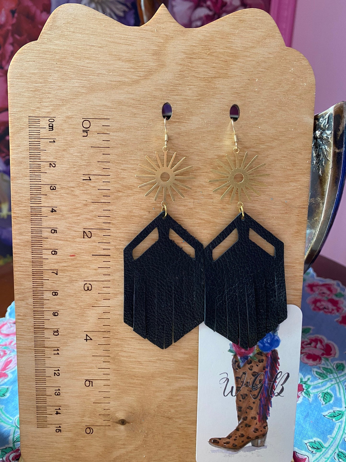 Black Leather Fringe Earrings with Gold Suns, Boho Chic Earrings, Coastal Cowgirl Western Earrings, Southwestern Sun Earrings