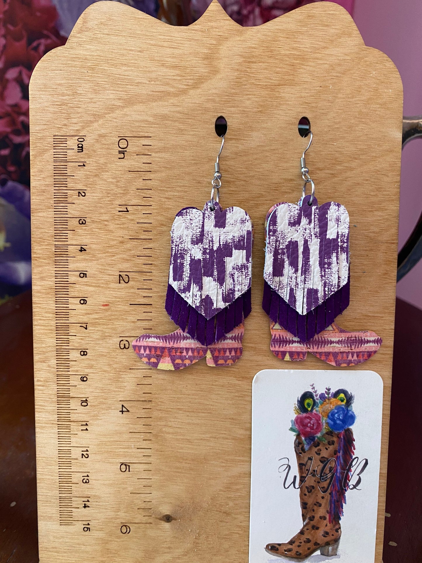 Cowgirl Boot Fringe Earrings, Western Statement Earrings, Coastal Cowgirl Earrings, Purple Brushstroke Leather, Southwestern Aztec Print