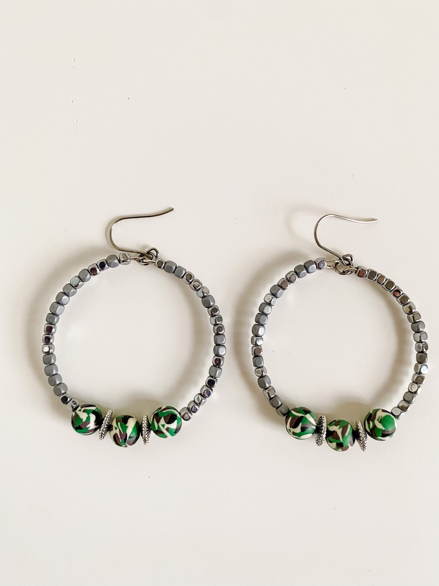 Camouflage Beaded Hoop Earrings, Hematite and Clay Bead Earrings, Camouflage Earrings, Boho Statement Hoop Earrings, Army Camo Earrings