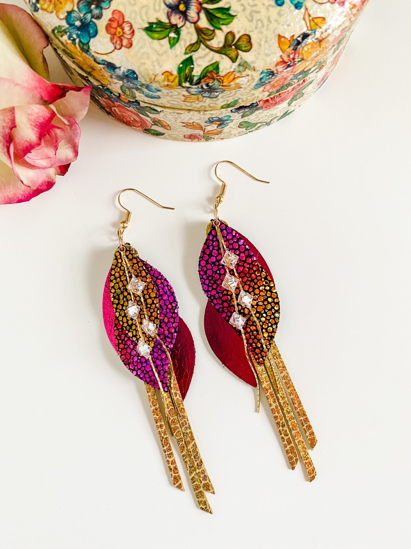 Pink and Gold Leather Earrings with Rhinestone Chain Tassels, Maximalist Earrings, Bold Earrings, Layered Petal Earrings, Fringe Earrings