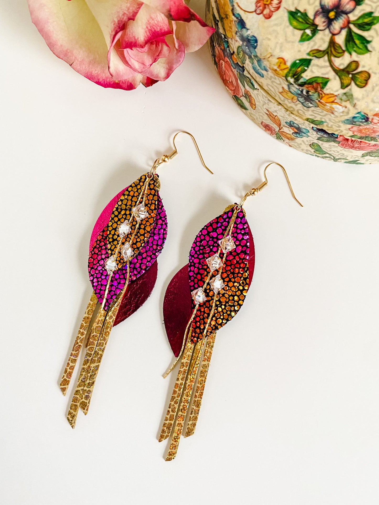 Pink and Gold Leather Earrings with Rhinestone Chain Tassels, Maximalist Earrings, Bold Earrings, Layered Petal Earrings, Fringe Earrings