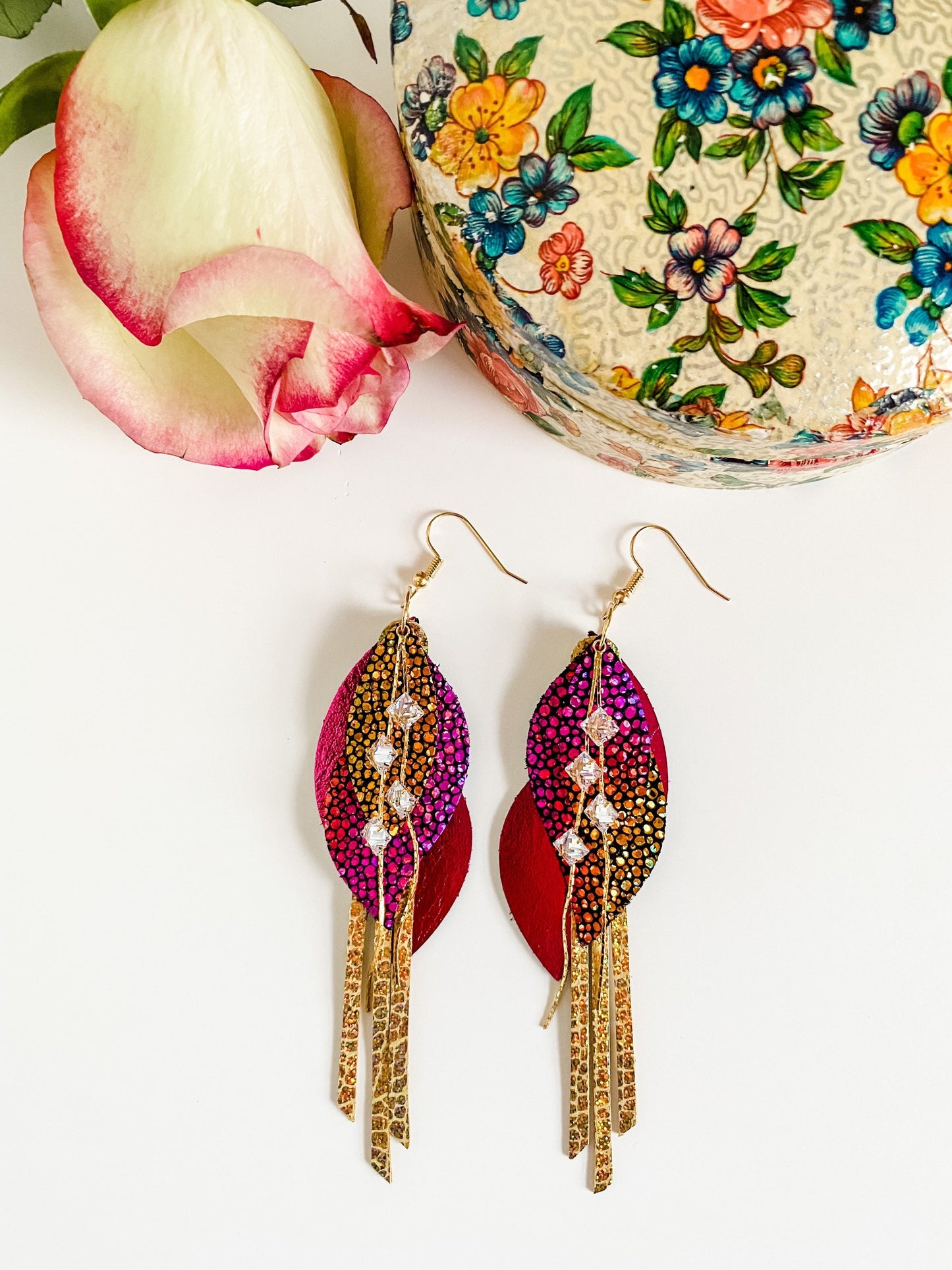 Pink and Gold Leather Earrings with Rhinestone Chain Tassels, Maximalist Earrings, Bold Earrings, Layered Petal Earrings, Fringe Earrings