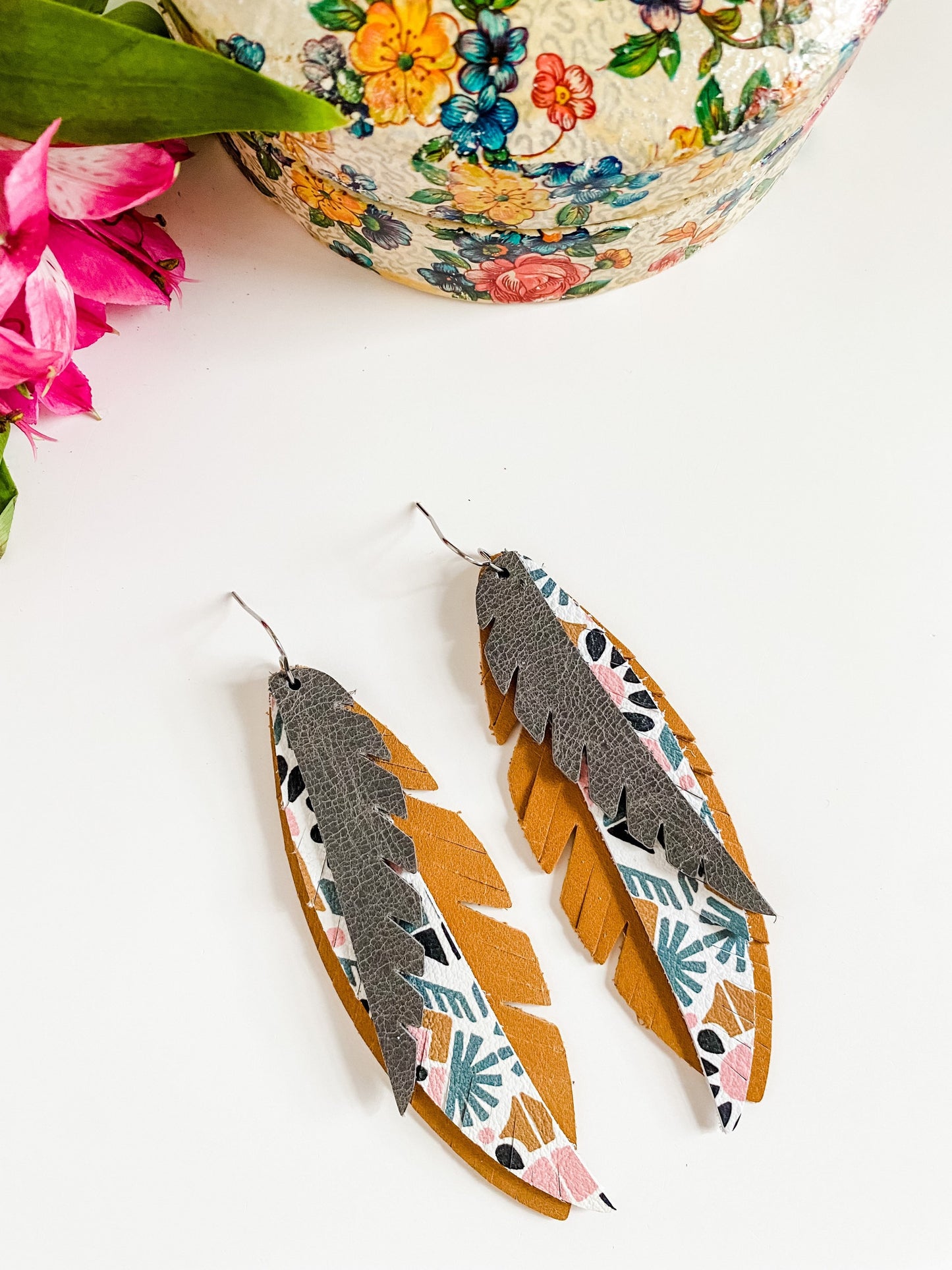 Leather Funky Feather Earrings, Deco Aztec Leather, Mustard Yellow Pink & Gray Earrings, Boho Chic Western Earrings, Coastal Cowgirl Jewelry