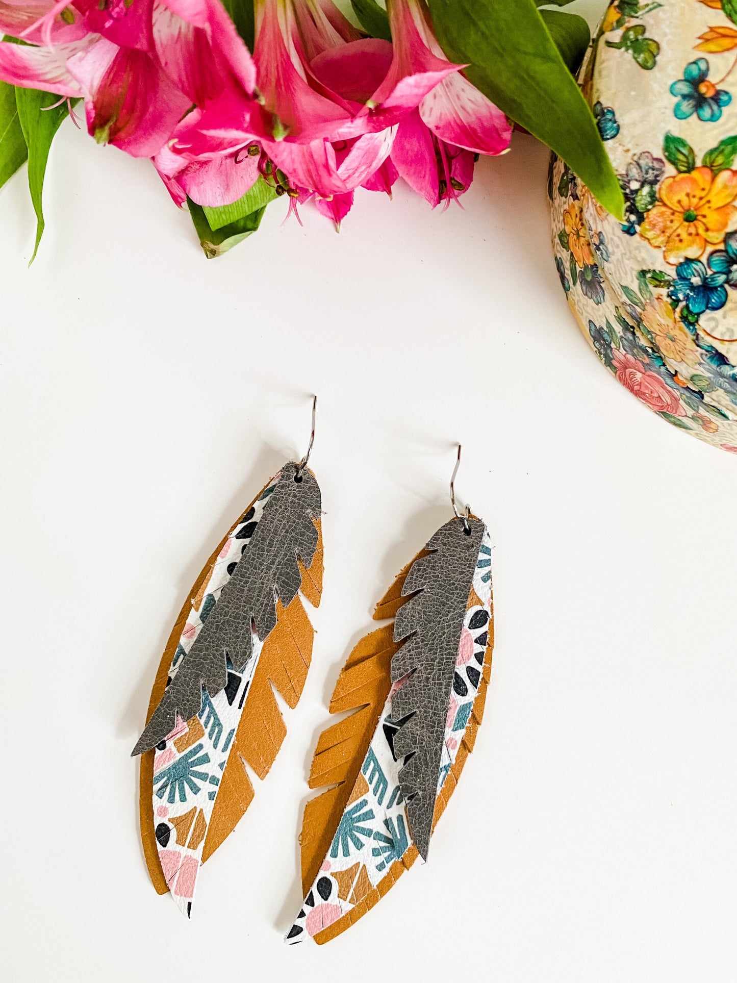 Leather Funky Feather Earrings, Deco Aztec Leather, Mustard Yellow Pink & Gray Earrings, Boho Chic Western Earrings, Coastal Cowgirl Jewelry