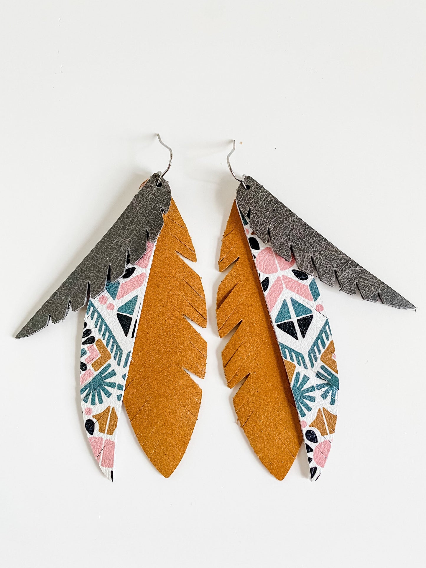 Leather Funky Feather Earrings, Deco Aztec Leather, Mustard Yellow Pink & Gray Earrings, Boho Chic Western Earrings, Coastal Cowgirl Jewelry