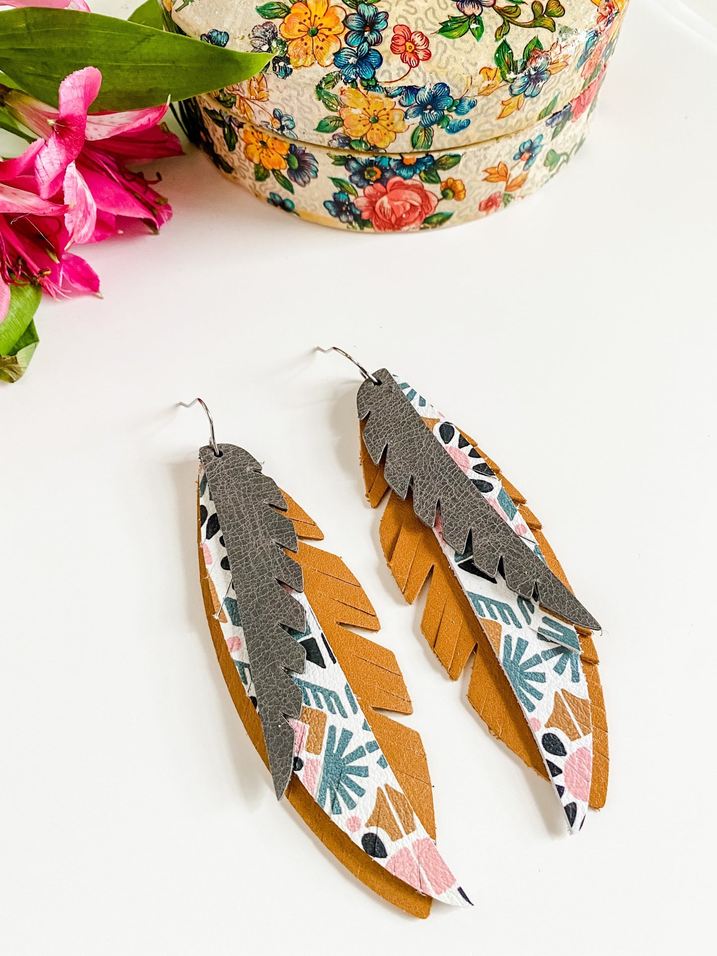 Leather Funky Feather Earrings, Deco Aztec Leather, Mustard Yellow Pink & Gray Earrings, Boho Chic Western Earrings, Coastal Cowgirl Jewelry