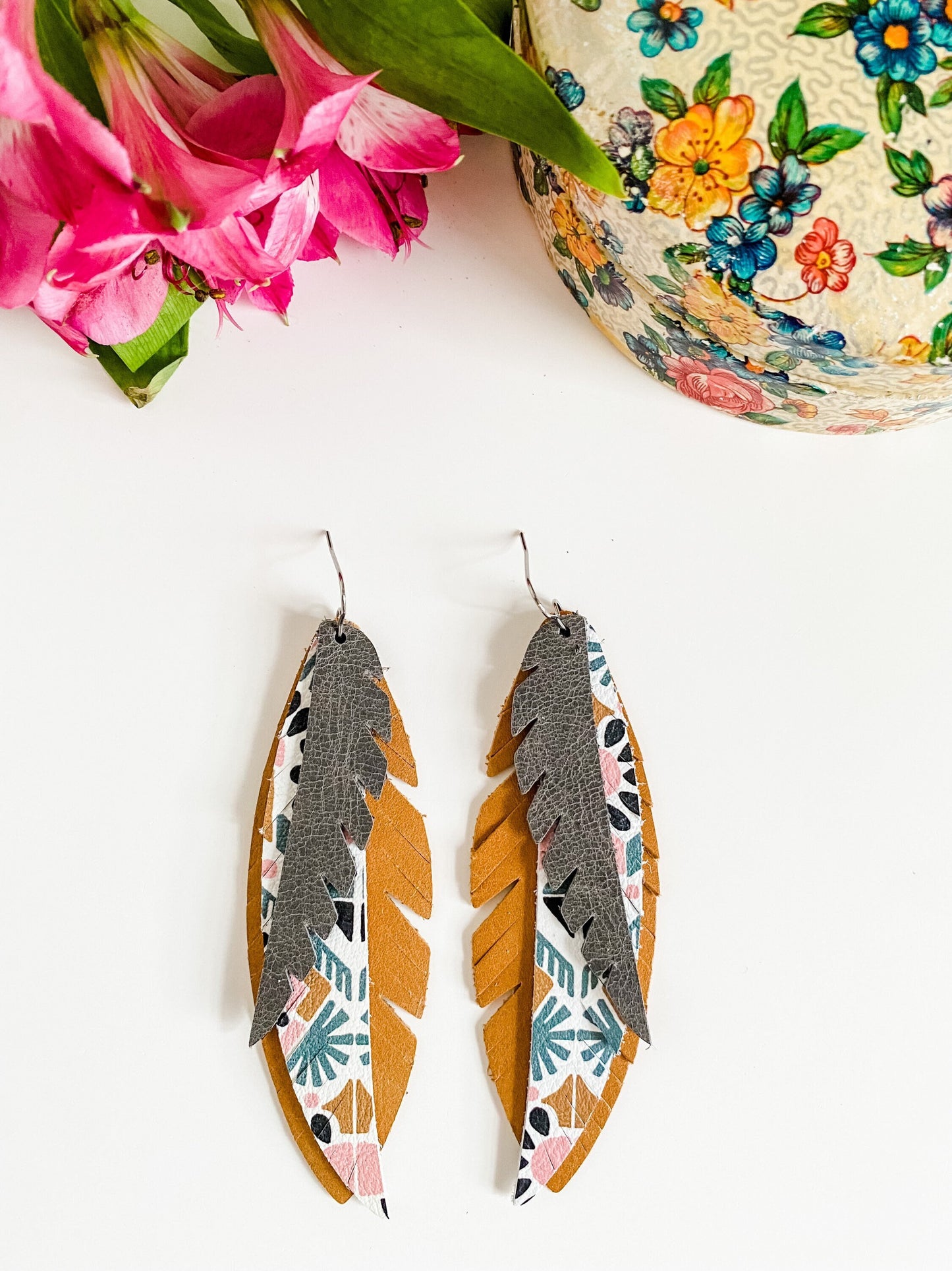 Leather Funky Feather Earrings, Deco Aztec Leather, Mustard Yellow Pink & Gray Earrings, Boho Chic Western Earrings, Coastal Cowgirl Jewelry