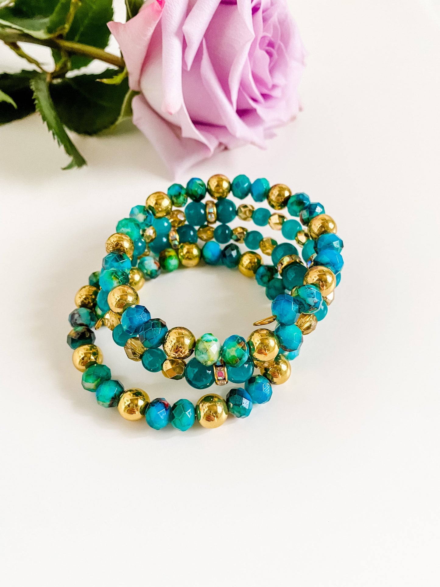 Teal and Gold Beaded Bracelet Stack, Boho Bead Bracelet, Maximalist Jewelry, Memory Wire Bracelet Stack, Teal Bracelet, Hematite Bracelet