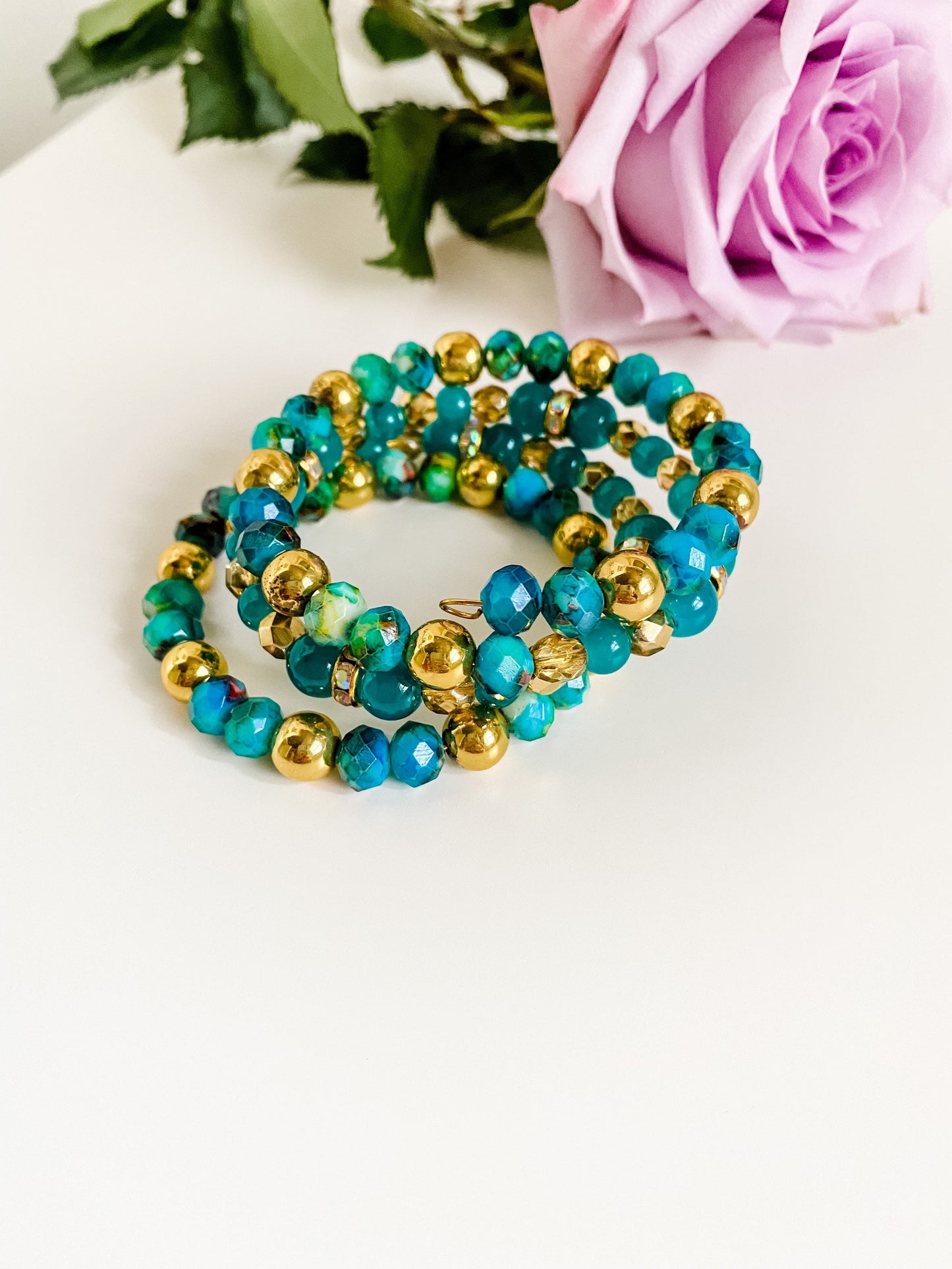 Teal and Gold Beaded Bracelet Stack, Boho Bead Bracelet, Maximalist Jewelry, Memory Wire Bracelet Stack, Teal Bracelet, Hematite Bracelet