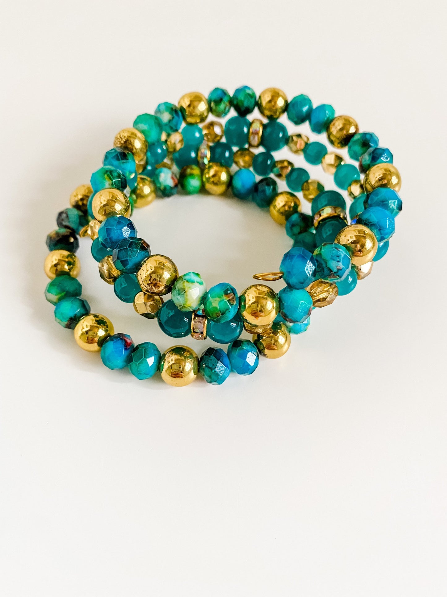 Teal and Gold Beaded Bracelet Stack, Boho Bead Bracelet, Maximalist Jewelry, Memory Wire Bracelet Stack, Teal Bracelet, Hematite Bracelet