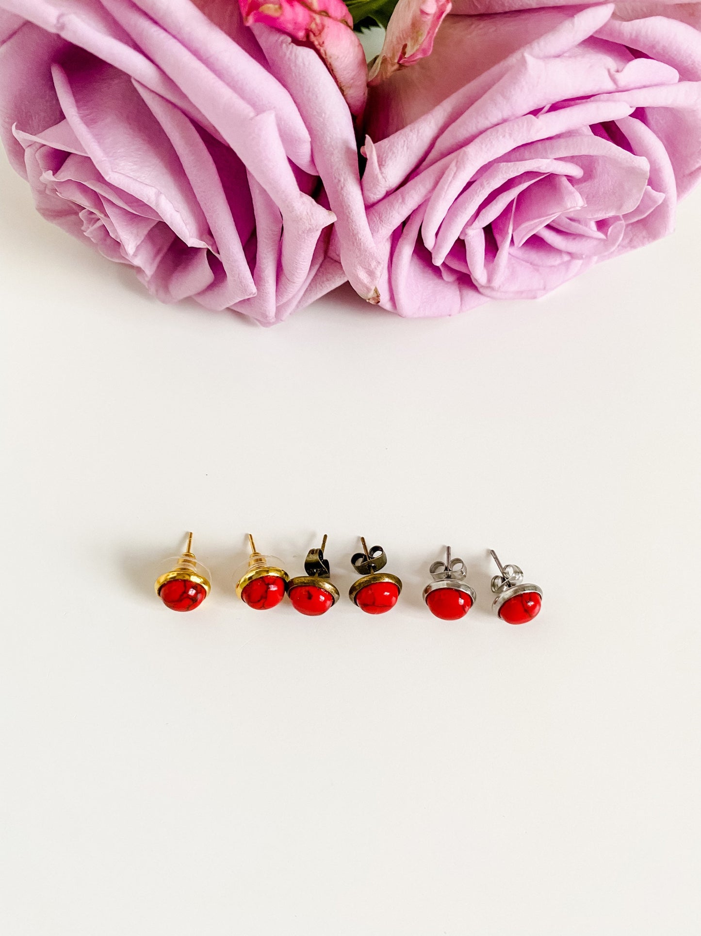 Red Howlite Stud Earrings, Natural Howlite Stud Earrings, 8mm Gemstone Stud Post Earrings, choose gold, silver or antique brass setting