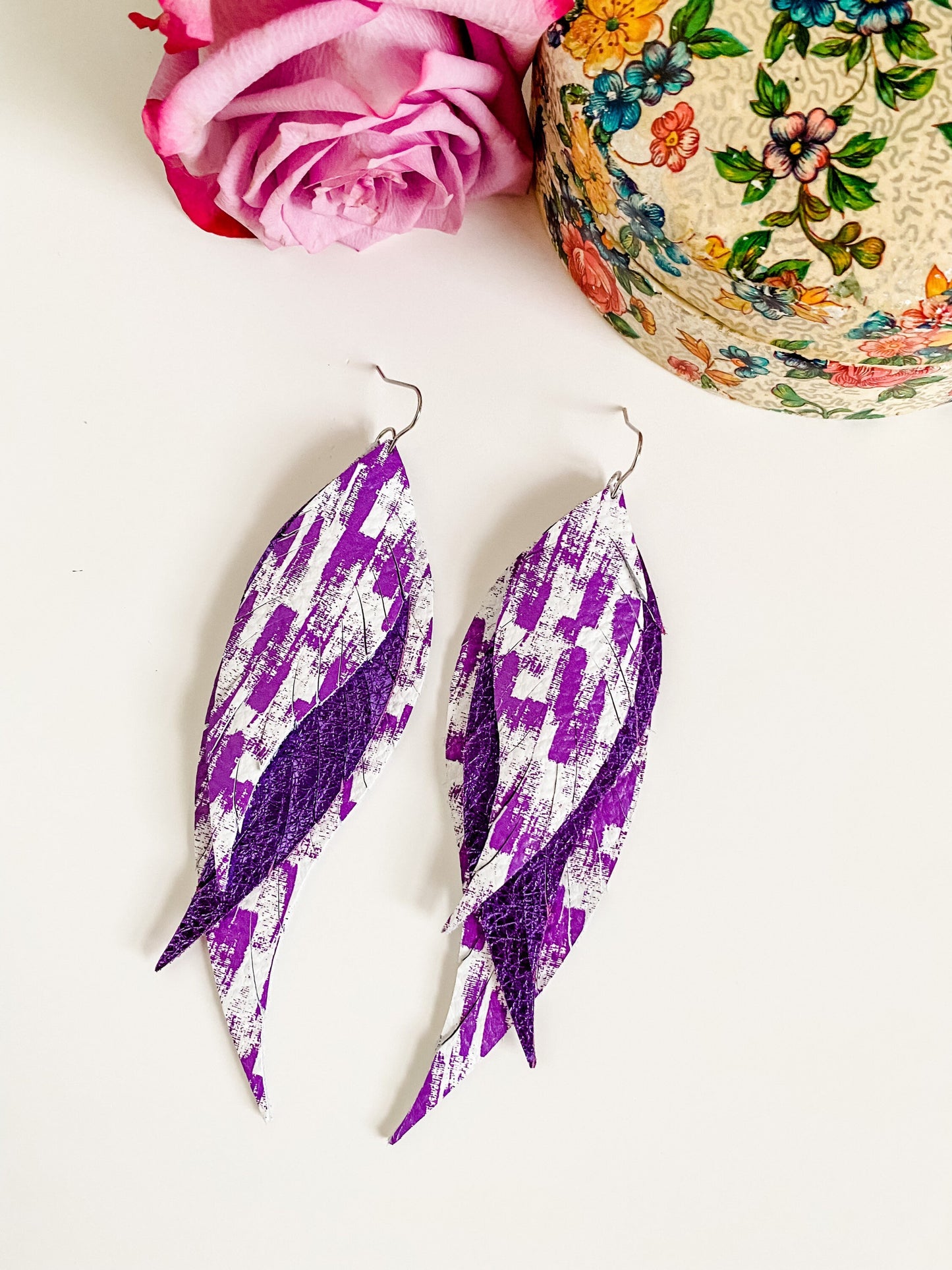 Purple Feather Earrings, Purple Brushstrokes on White Leather, Metallic Purple Leather, Bold and Beautiful Statement Earrings