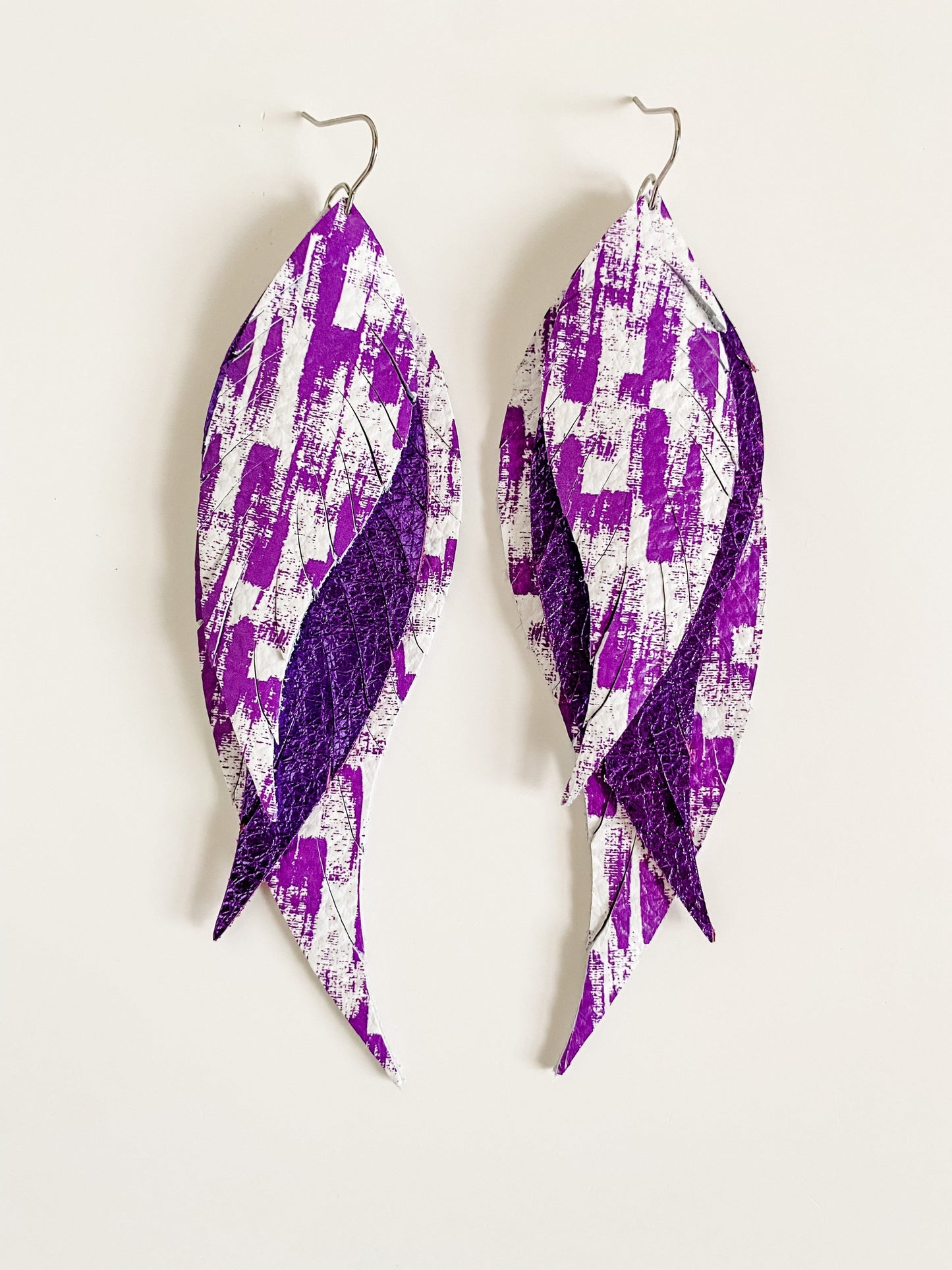 Purple Feather Earrings, Purple Brushstrokes on White Leather, Metallic Purple Leather, Bold and Beautiful Statement Earrings