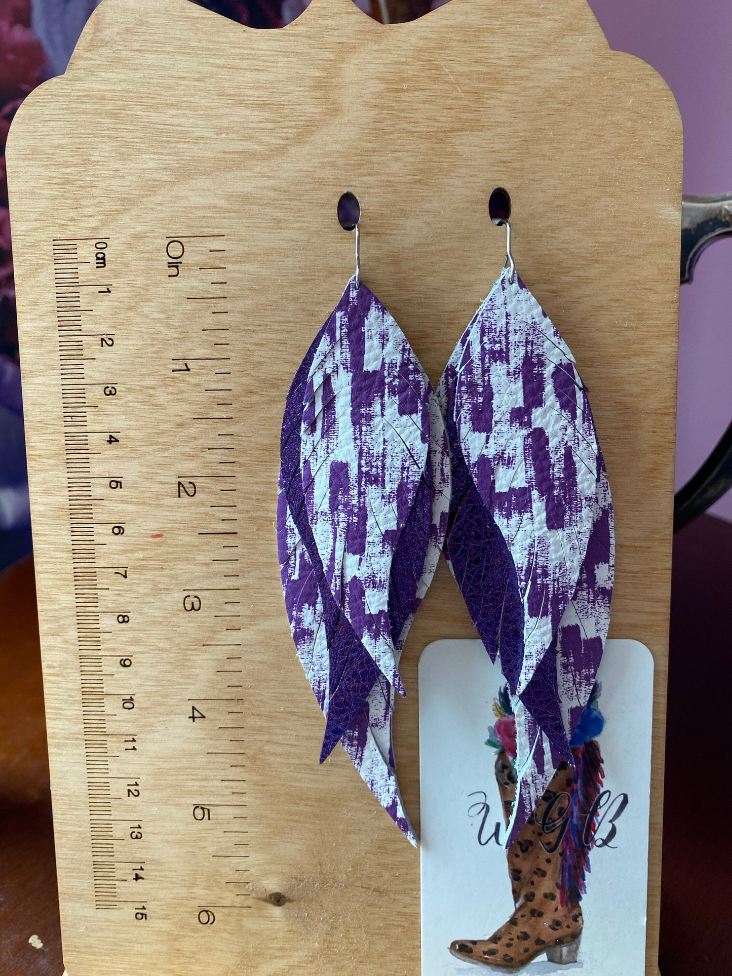 Purple Feather Earrings, Purple Brushstrokes on White Leather, Metallic Purple Leather, Bold and Beautiful Statement Earrings