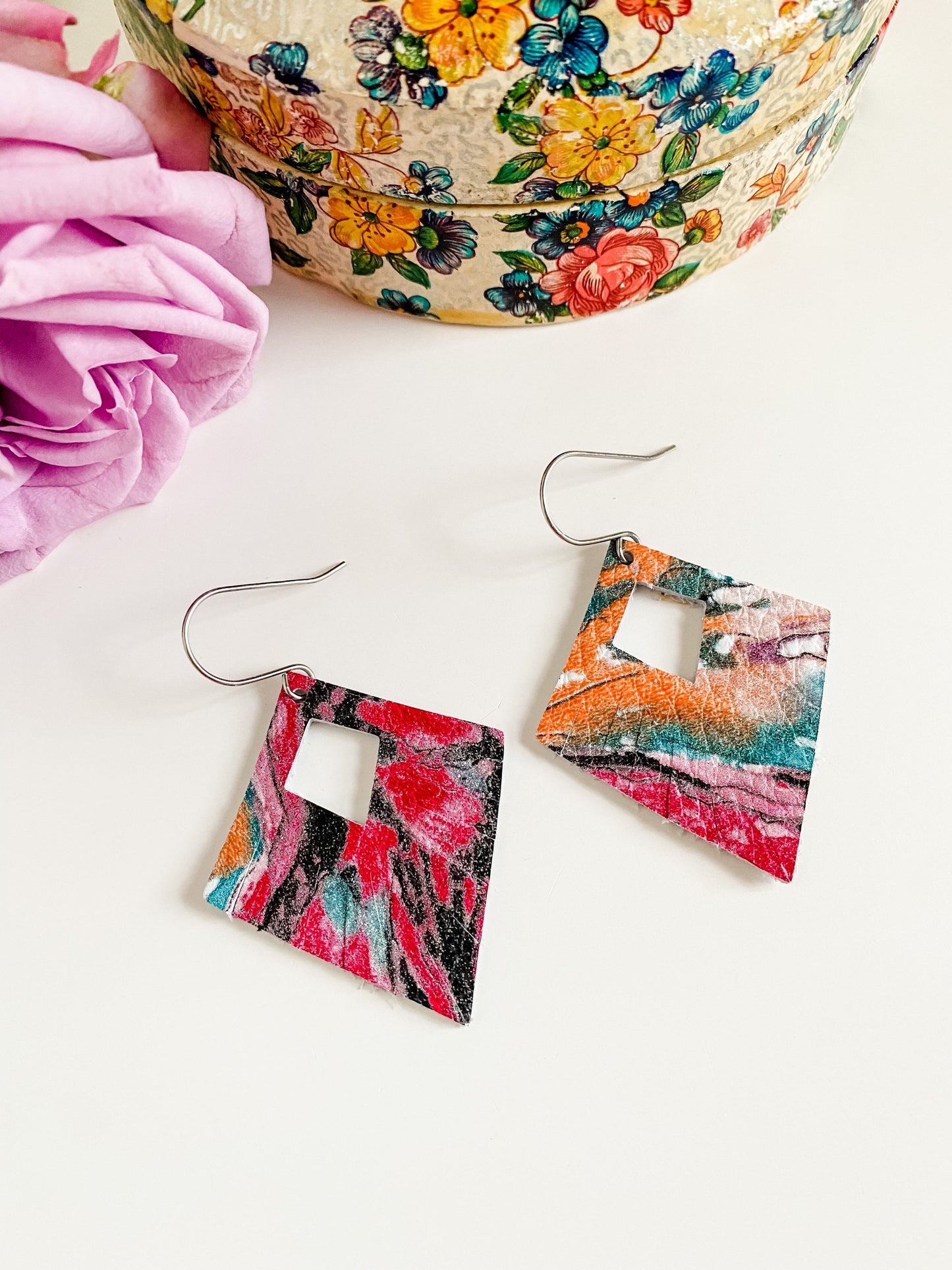 Retro Inspired Earrings, Multicolored Abstract Print Leather, Geometric Leather Fringe Earrings, Bright Boho Leather Earrings, Small Earring