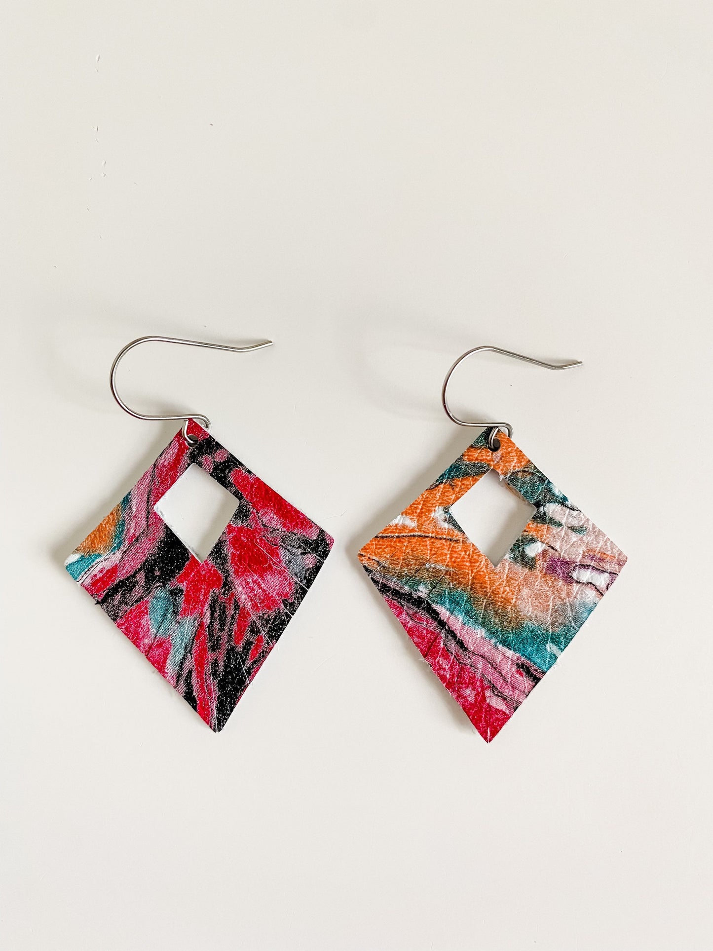 Retro Inspired Earrings, Multicolored Abstract Print Leather, Geometric Leather Fringe Earrings, Bright Boho Leather Earrings, Small Earring