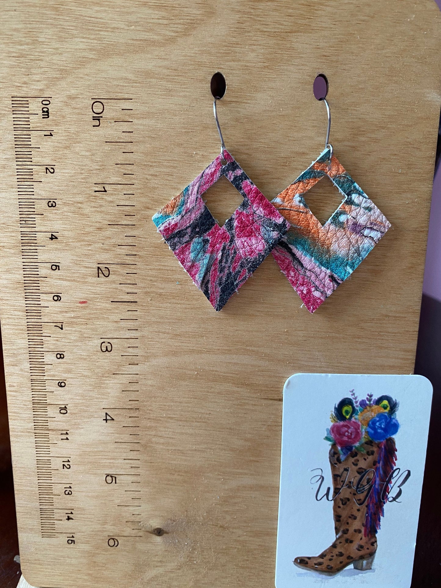 Retro Inspired Earrings, Multicolored Abstract Print Leather, Geometric Leather Fringe Earrings, Bright Boho Leather Earrings, Small Earring