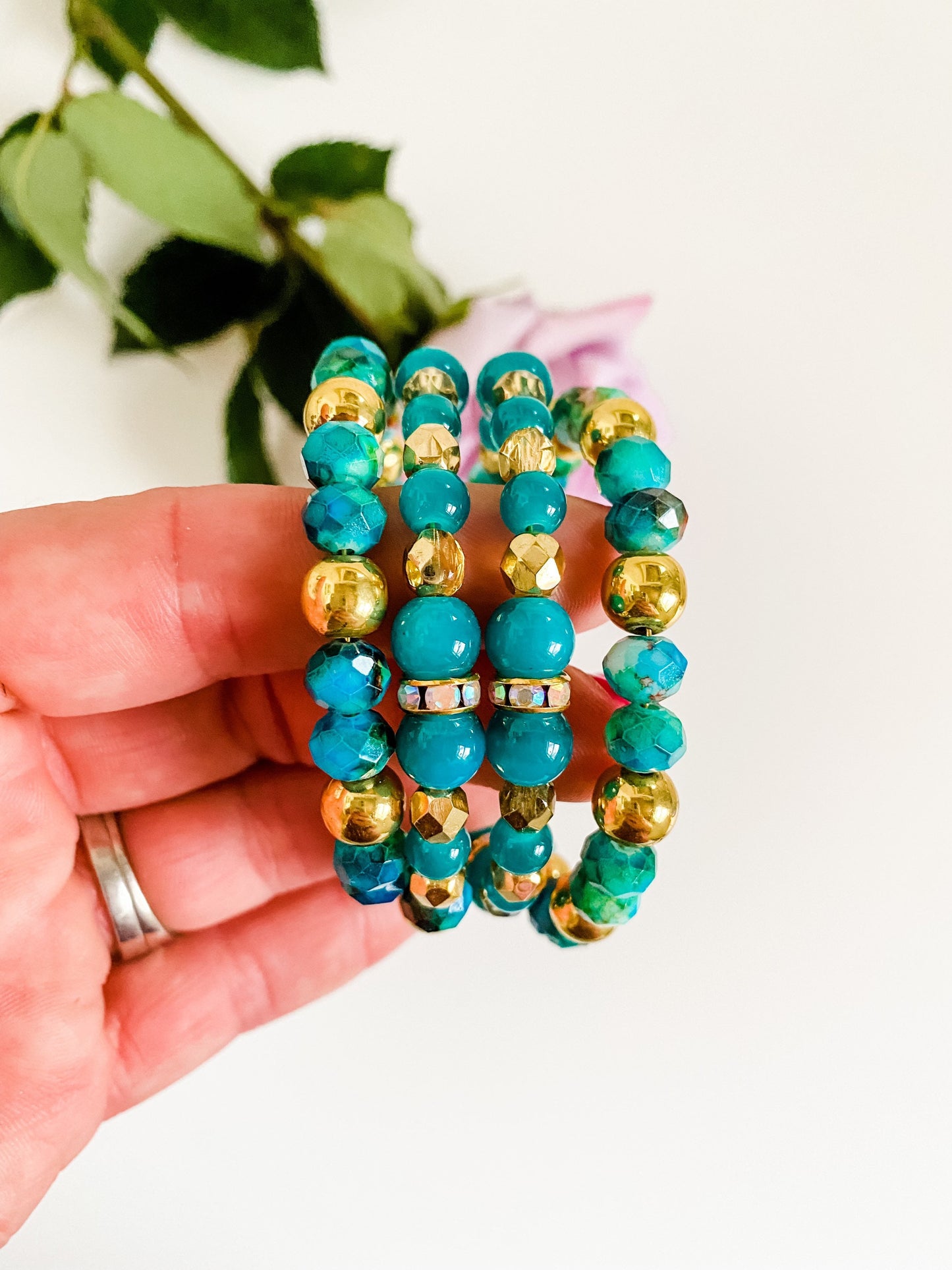 Teal and Gold Beaded Bracelet Stack, Boho Bead Bracelet, Maximalist Jewelry, Memory Wire Bracelet Stack, Teal Bracelet, Hematite Bracelet