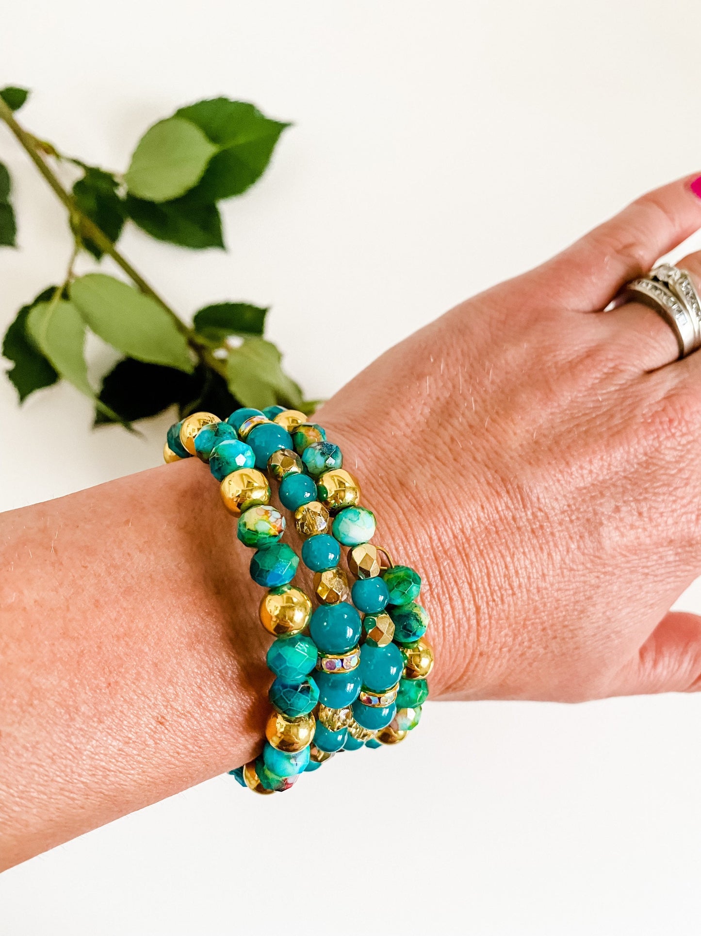 Teal and Gold Beaded Bracelet Stack, Boho Bead Bracelet, Maximalist Jewelry, Memory Wire Bracelet Stack, Teal Bracelet, Hematite Bracelet