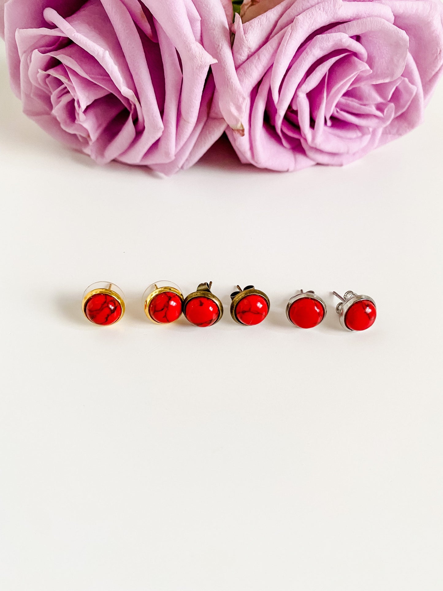 Red Howlite Stud Earrings, Natural Howlite Stud Earrings, 8mm Gemstone Stud Post Earrings, choose gold, silver or antique brass setting