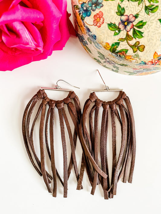 Boho Deerskin Leather Fringe Earrings, Chocolate Brown Leather Fringe, Boho Country Chic Earrings, Gold or Silver Semicircle Hoops