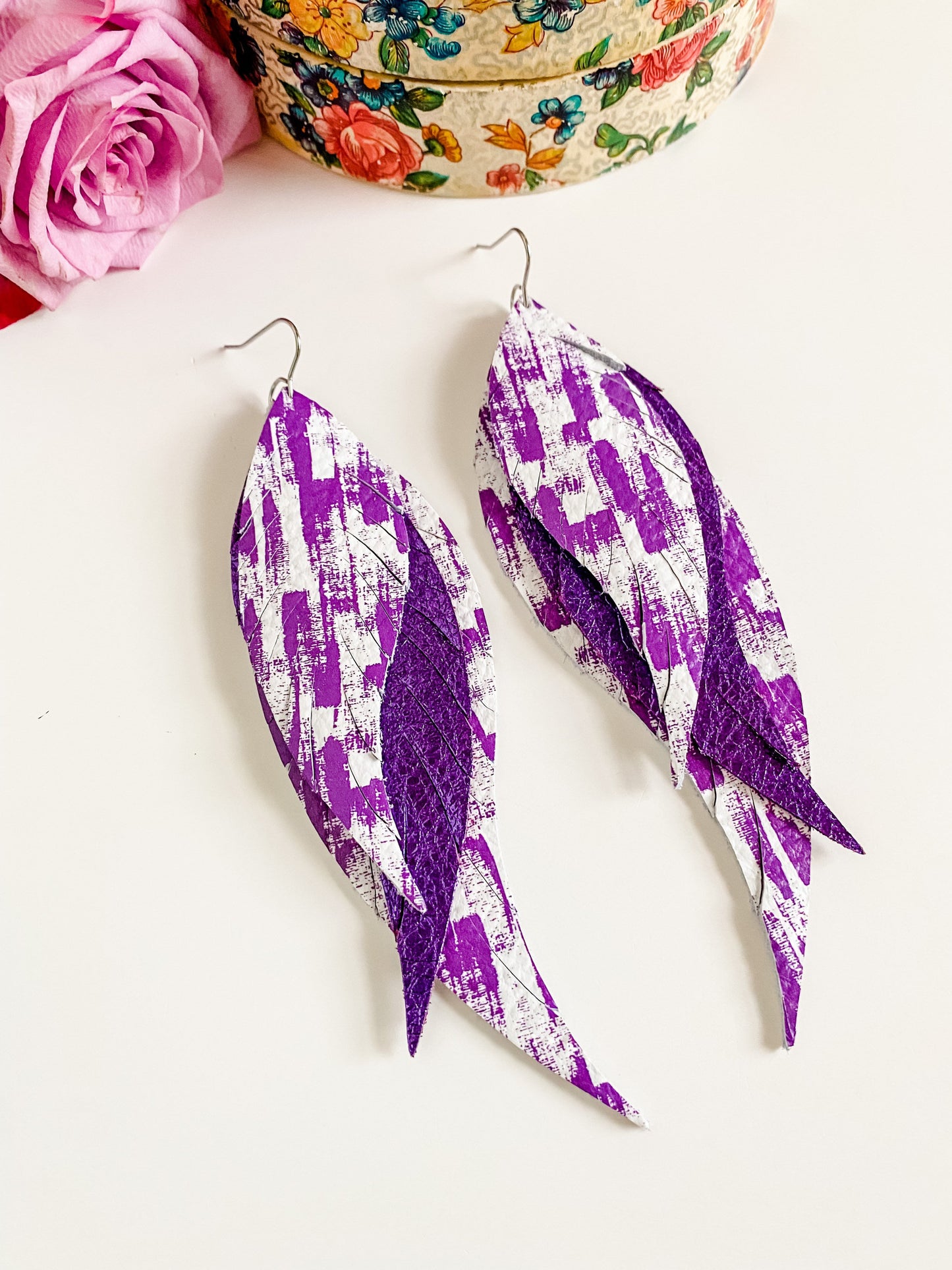 Purple Feather Earrings, Purple Brushstrokes on White Leather, Metallic Purple Leather, Bold and Beautiful Statement Earrings