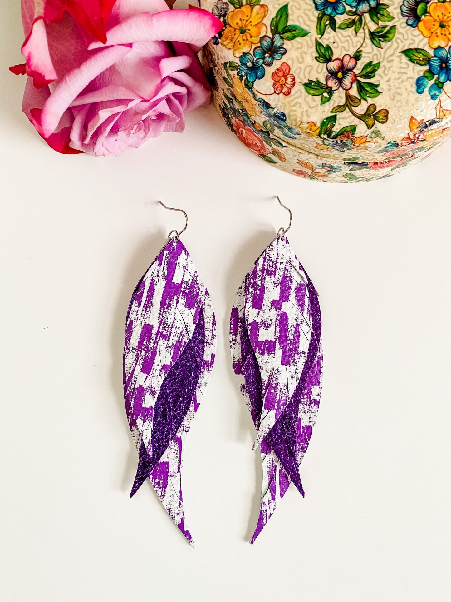 Purple Feather Earrings, Purple Brushstrokes on White Leather, Metallic Purple Leather, Bold and Beautiful Statement Earrings