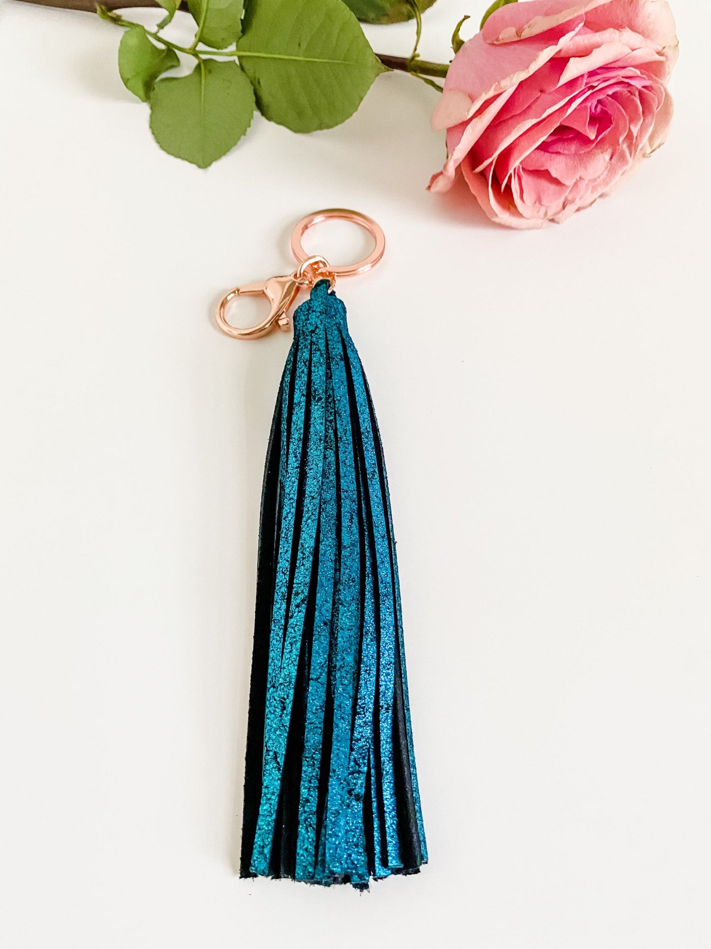 Metallic Leather Tassel, Metallic Teal Crackle on Black Suede, Purse Tassel, Fringe Tassel, Saddle Charm, Choose Hardware Style and Finish