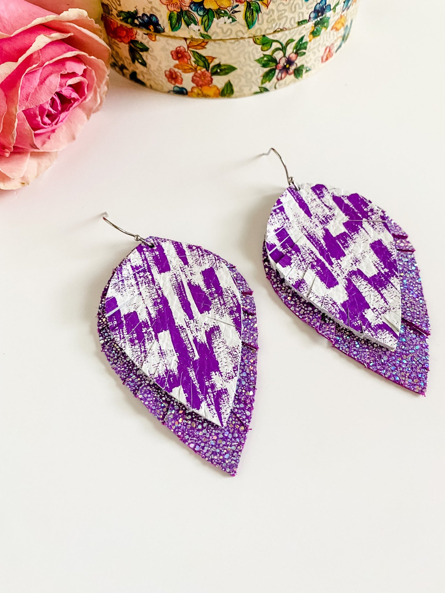 Purple Feather Earrings, Purple Boho Brushstroke on White Leather, Metallic Purple Sparkle Leather, Fringe Feather Festival Earrings