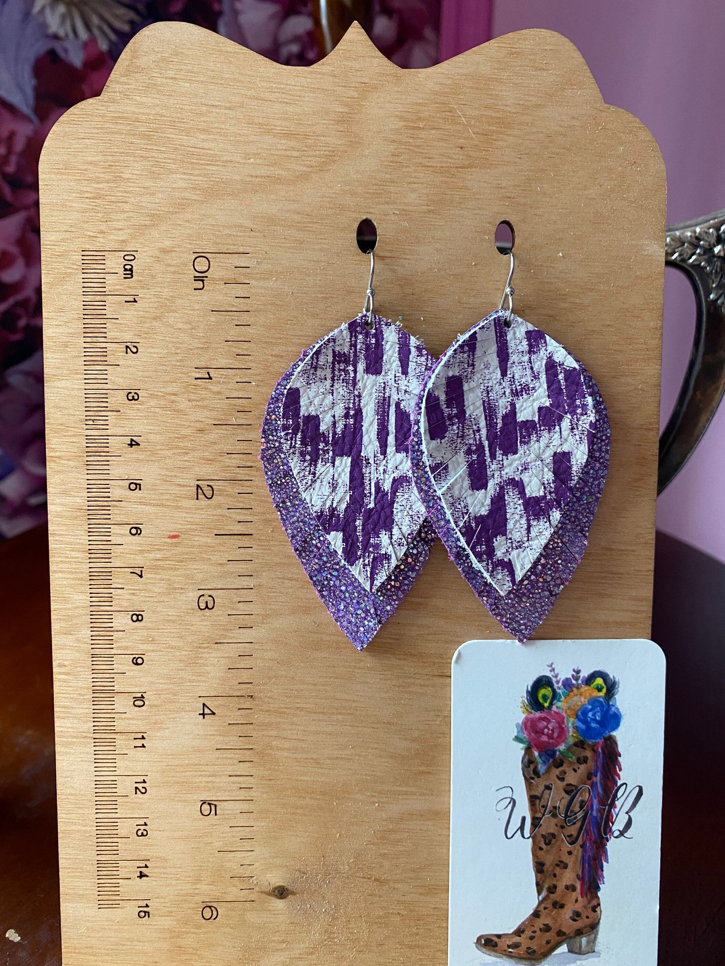 Purple Feather Earrings, Purple Boho Brushstroke on White Leather, Metallic Purple Sparkle Leather, Fringe Feather Festival Earrings