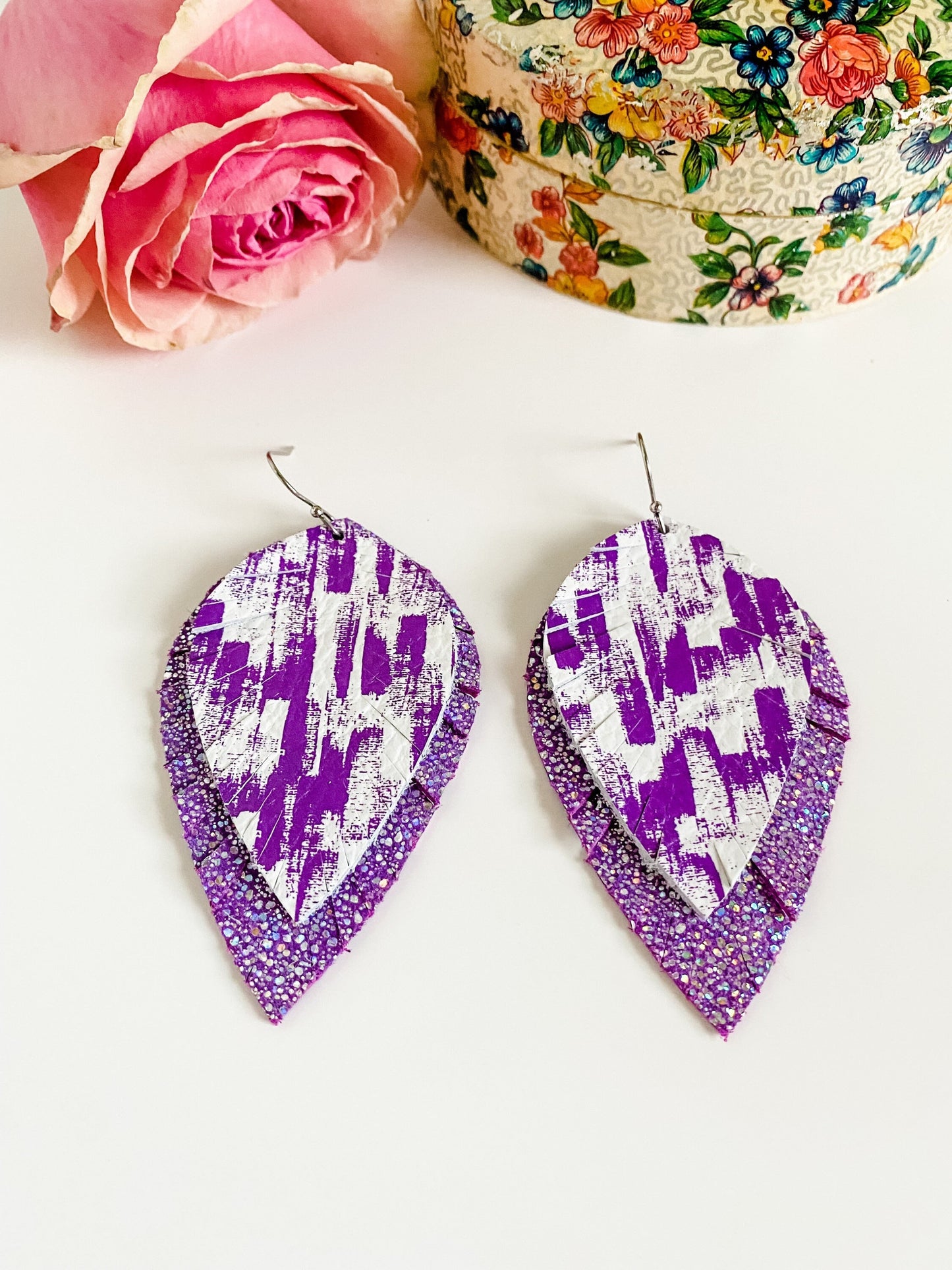 Purple Feather Earrings, Purple Boho Brushstroke on White Leather, Metallic Purple Sparkle Leather, Fringe Feather Festival Earrings